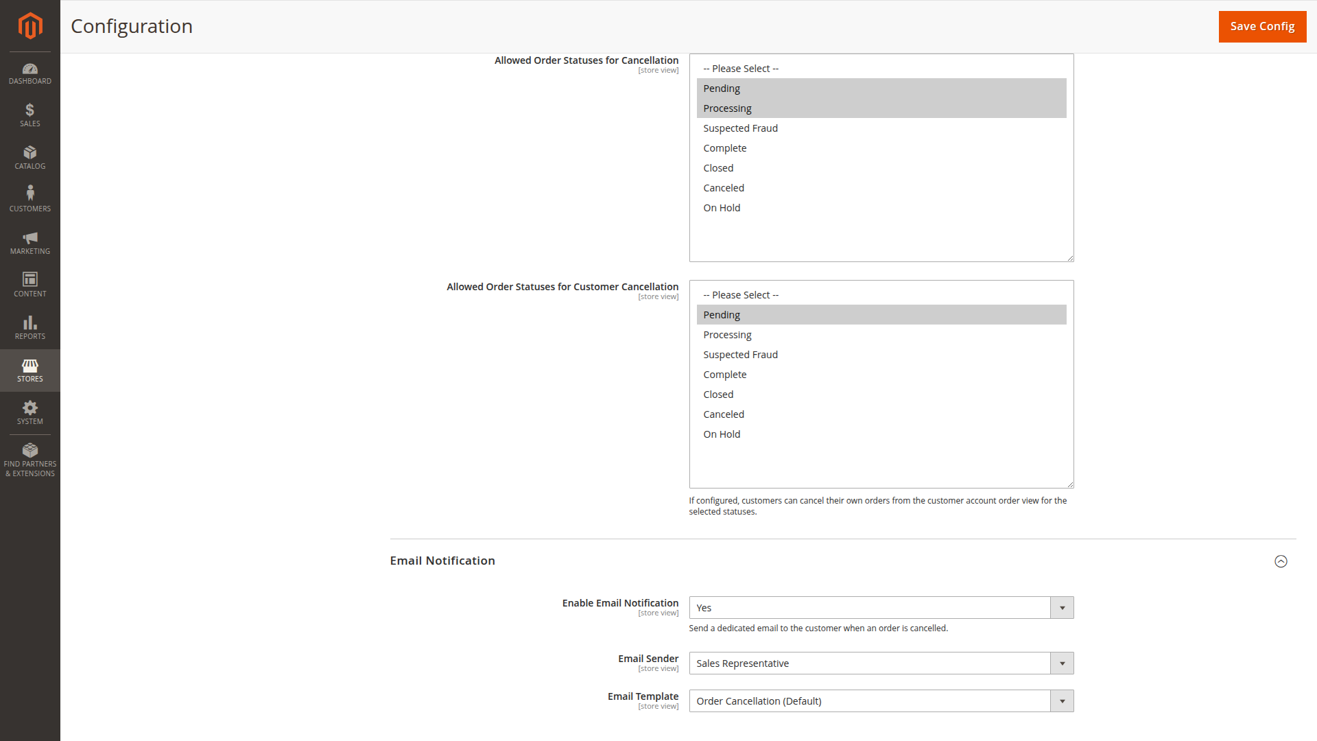 Order Cancellation configuration with separate Admin and customer status allowlists and dedicated email settings