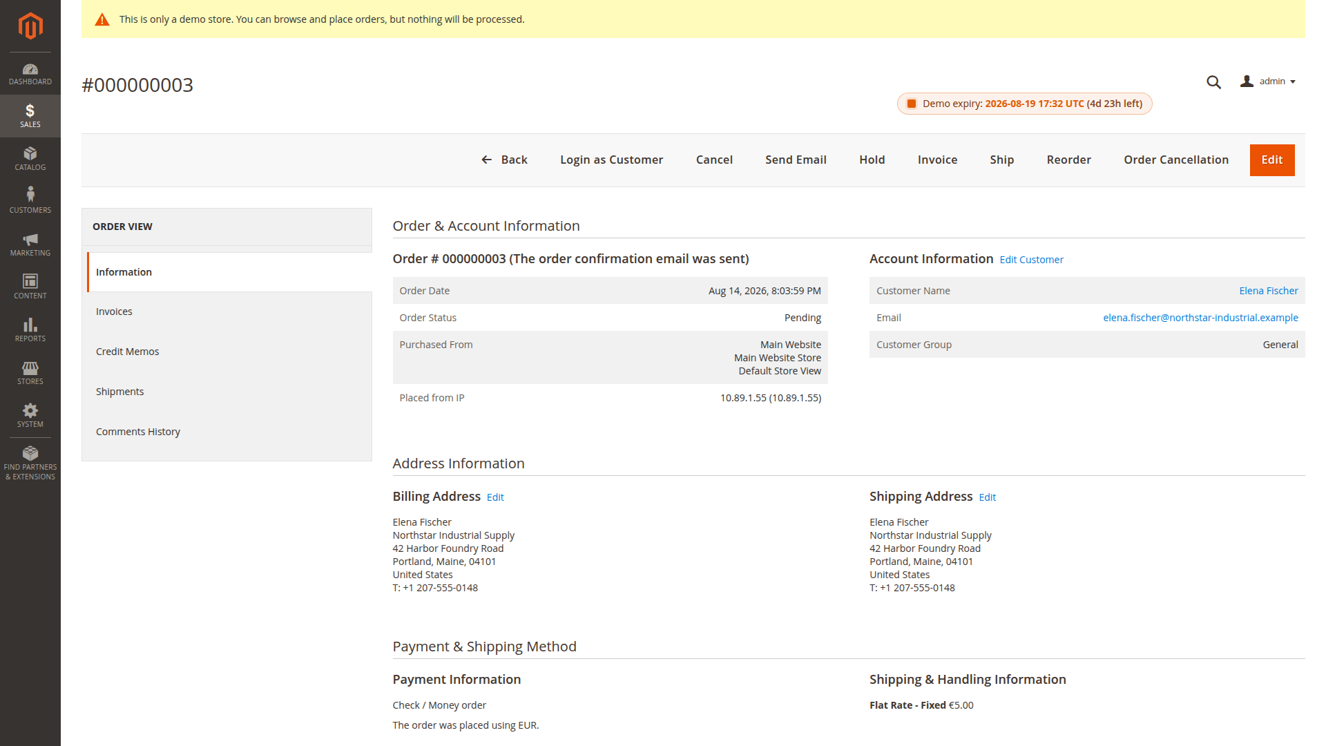 Pending Magento order with the Order Cancellation action available in the Admin toolbar