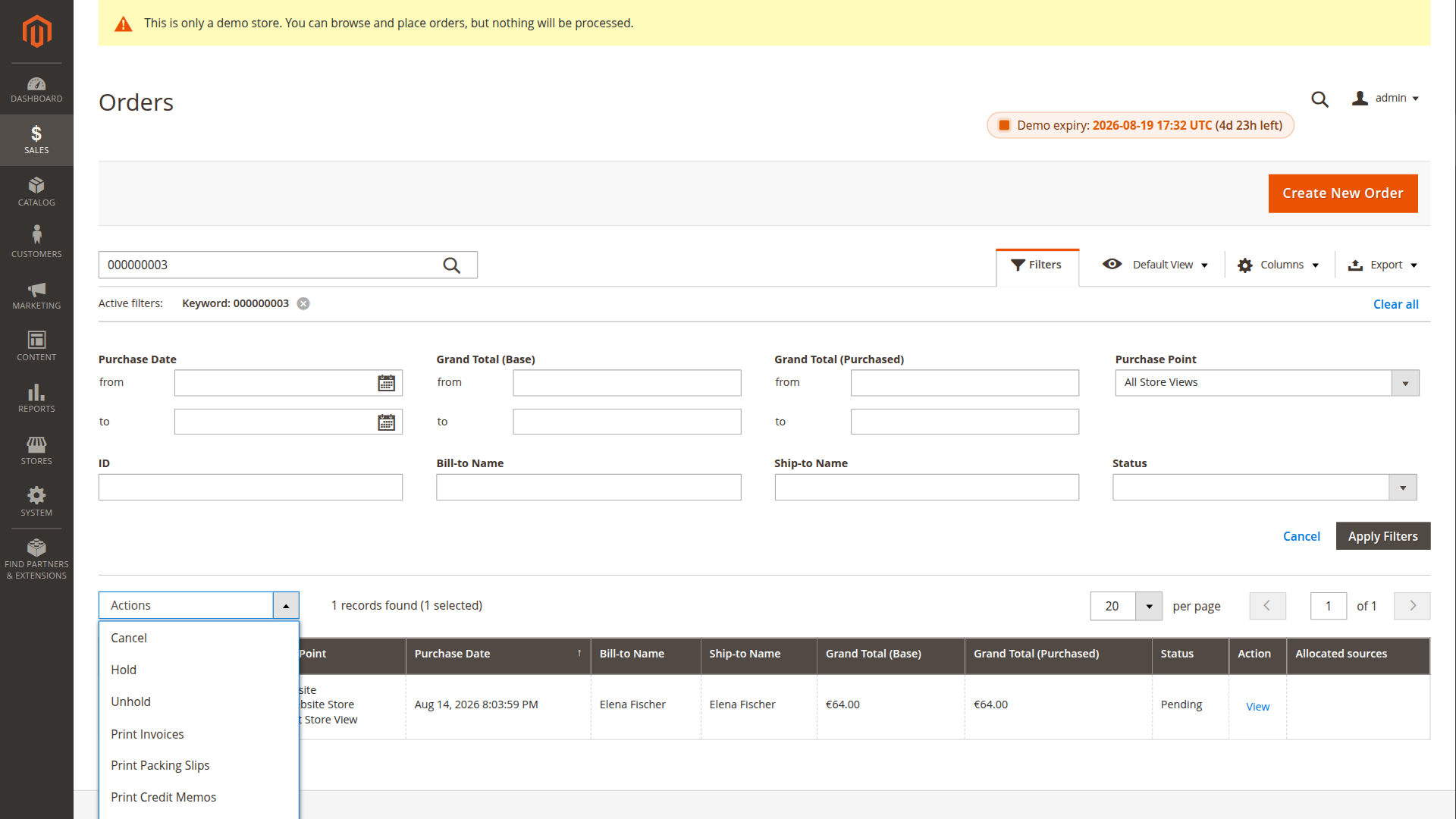 Filtered Magento order grid with one pending order selected and the Cancel Order mass action available