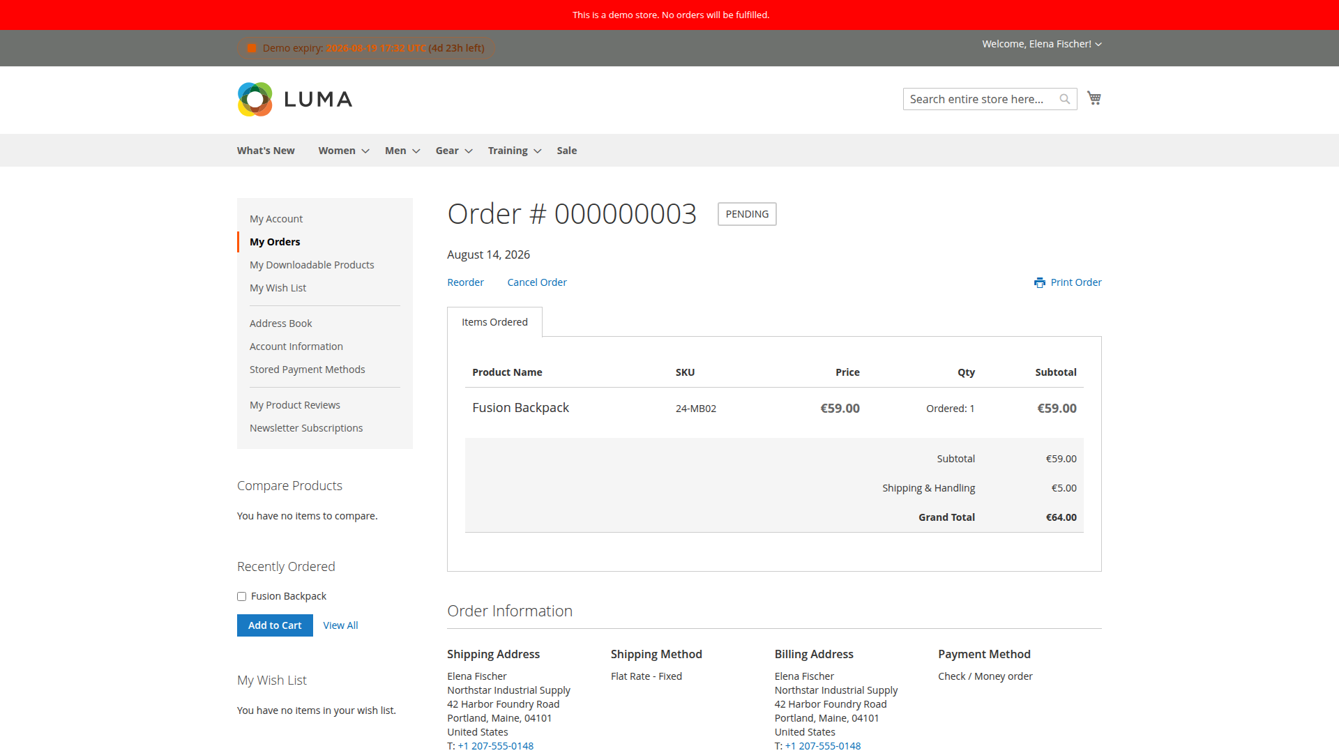 Customer order view for a pending order with the Cancel Order self-service action