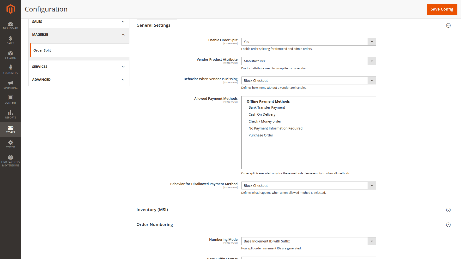 Magento 2 Order Split configuration for supplier-based orders Order Split settings in Magento Admin with supplier grouping, payment fallback, and order numbering controls