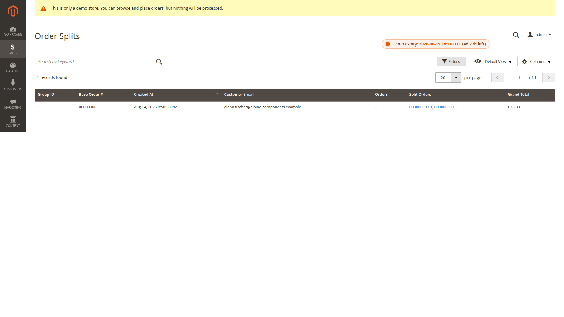 Order Splits grid in Magento Admin linking base order 000000003 to two related split orders