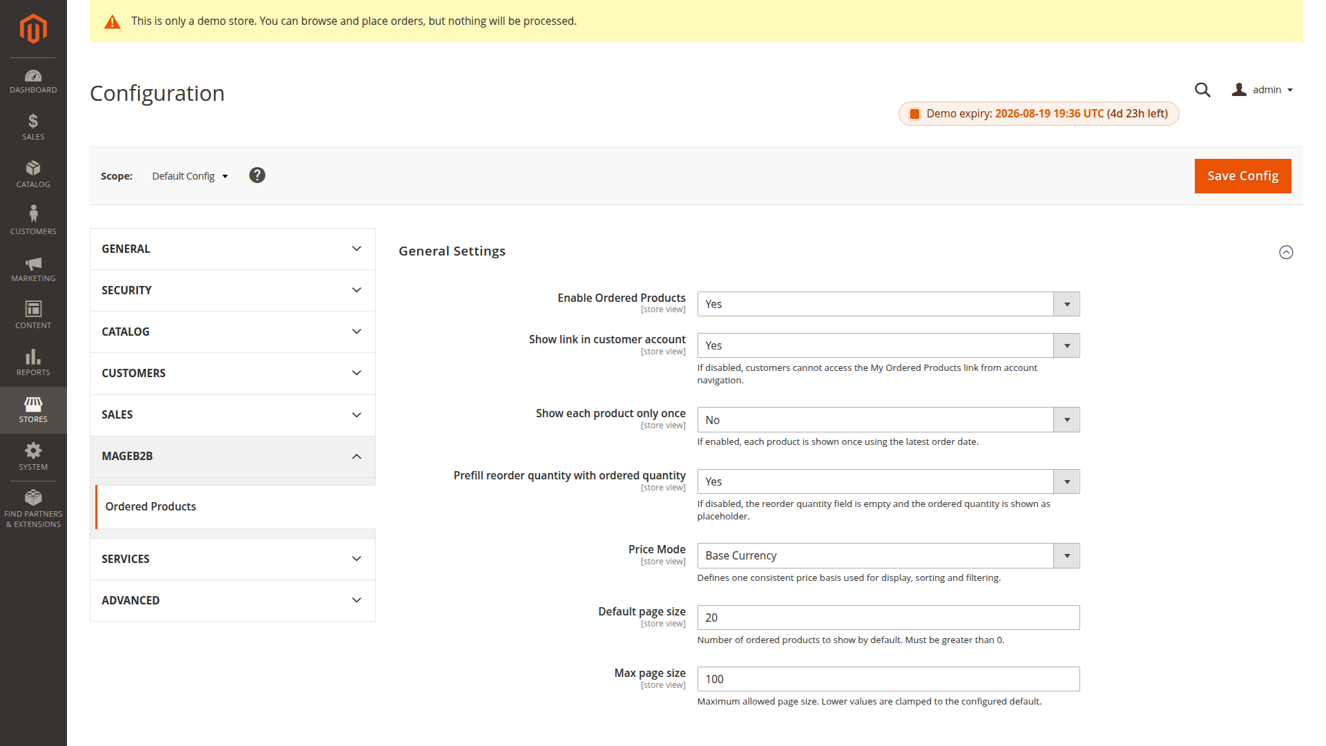 Configure the Ordered Products account history Ordered Products settings for account access, history rows, reorder quantities, prices and pagination