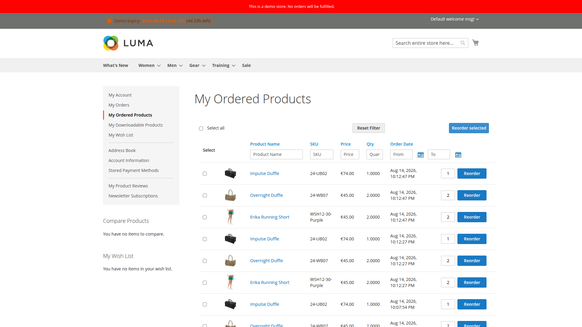 My Ordered Products with repeated products, historical prices, quantities, dates and a configurable variant