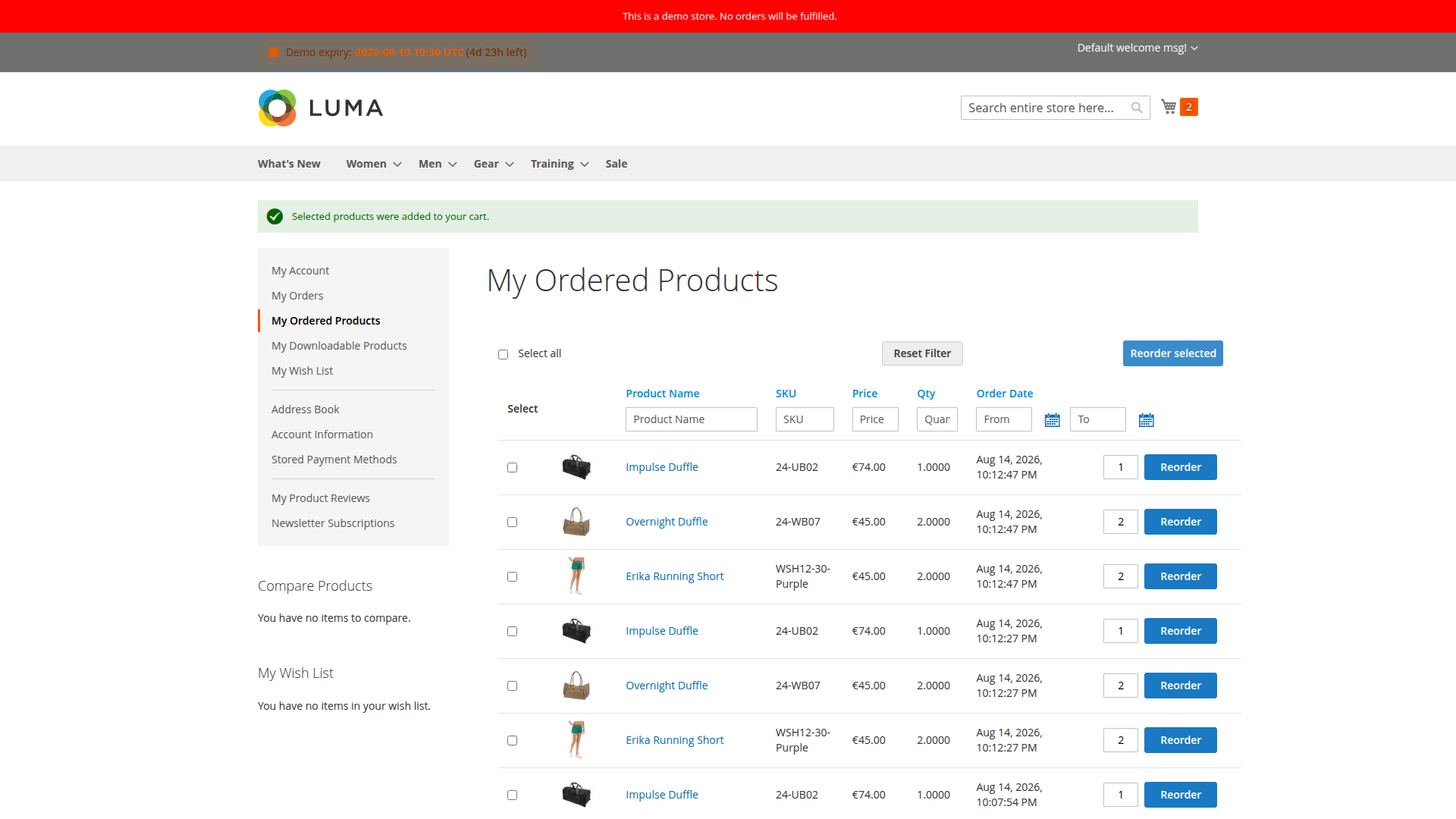 Successful bulk reorder message with the customer mini cart updated to two products
