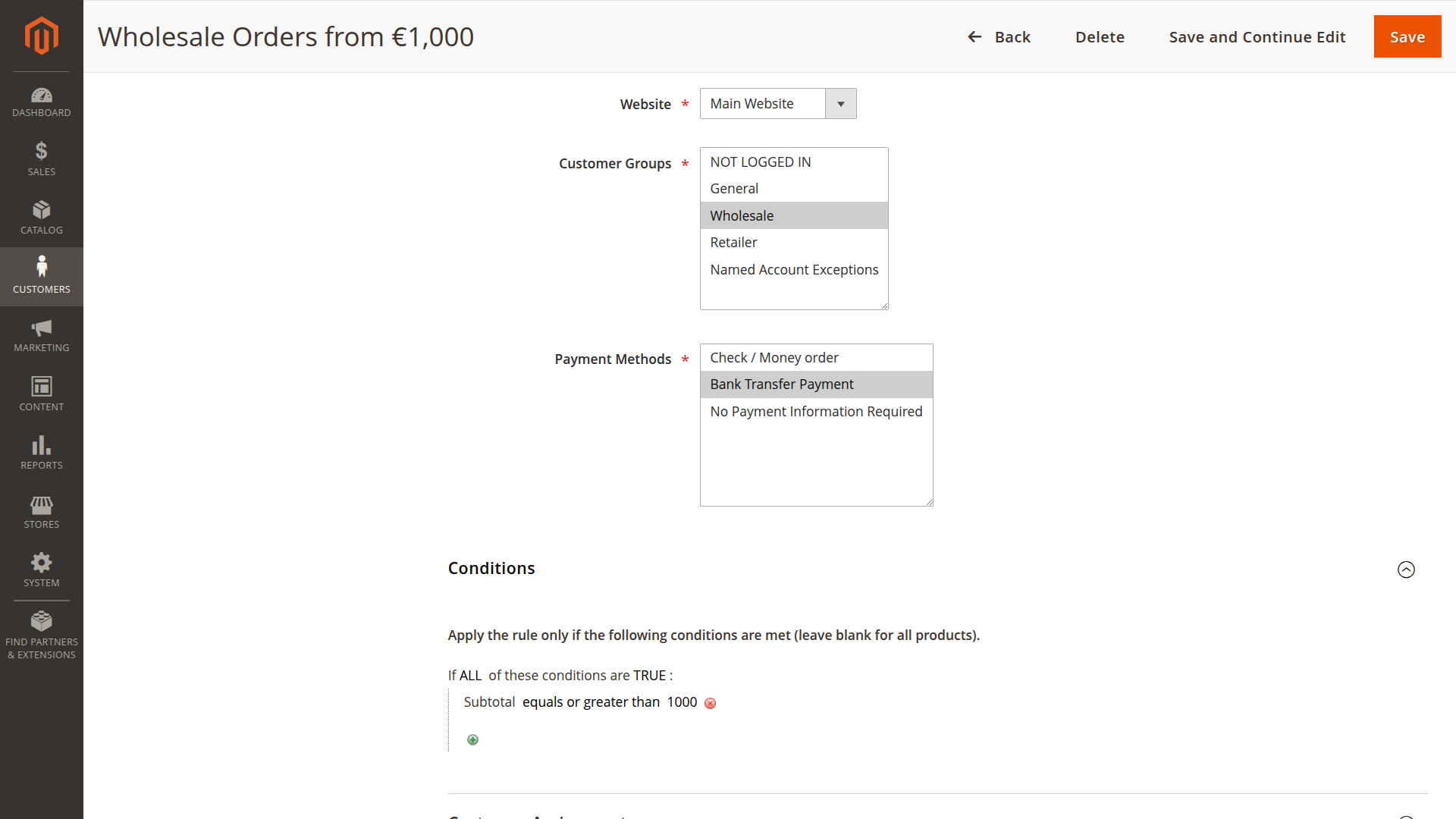 Wholesale payment profile with a subtotal threshold of 1,000