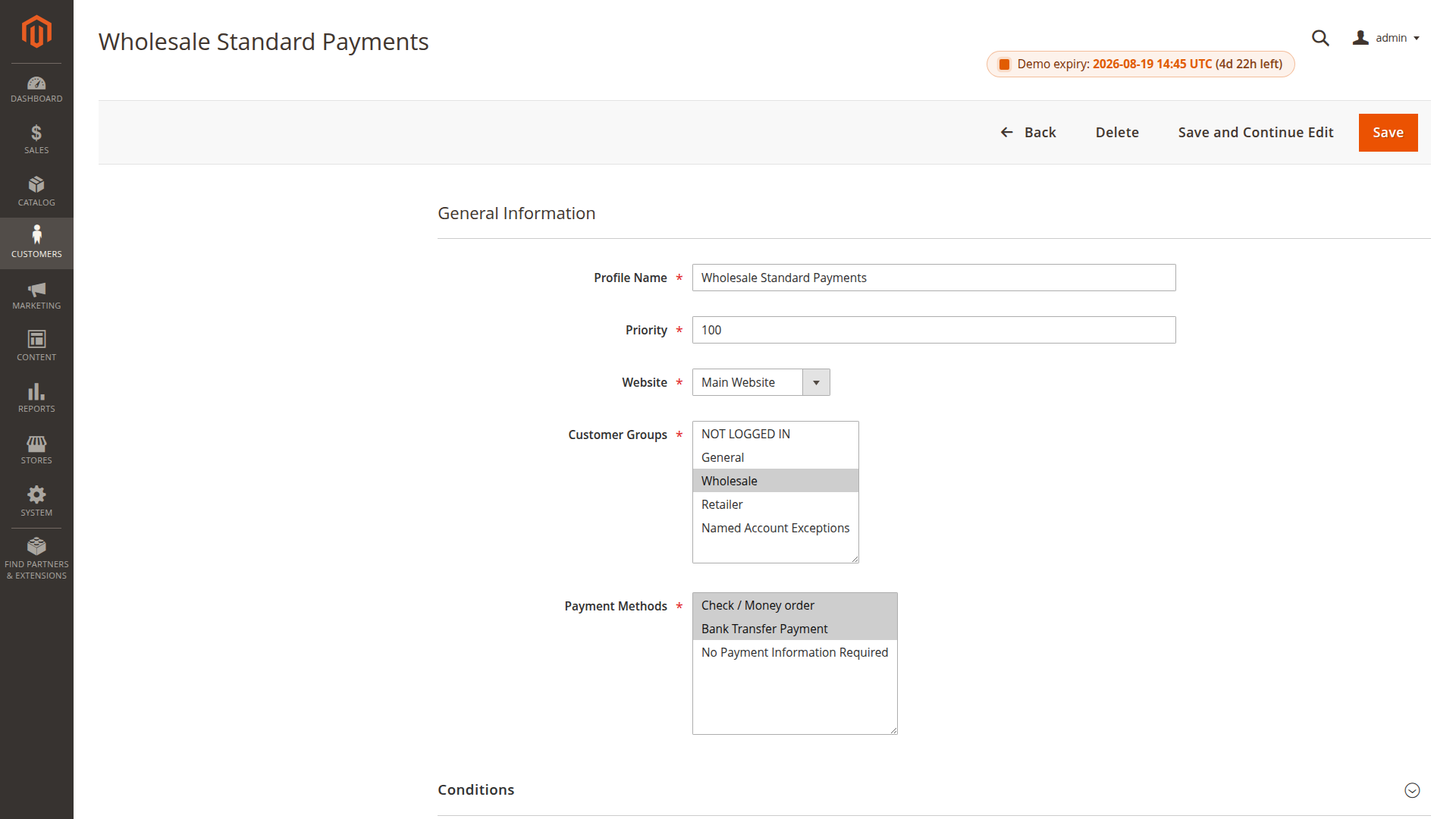 Standard wholesale profile with website, audience, priority and allowed payment methods