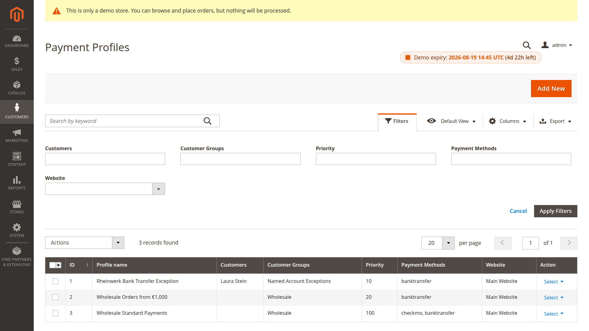 Payment profiles for a named-account exception, high-value wholesale orders and standard wholesale payments