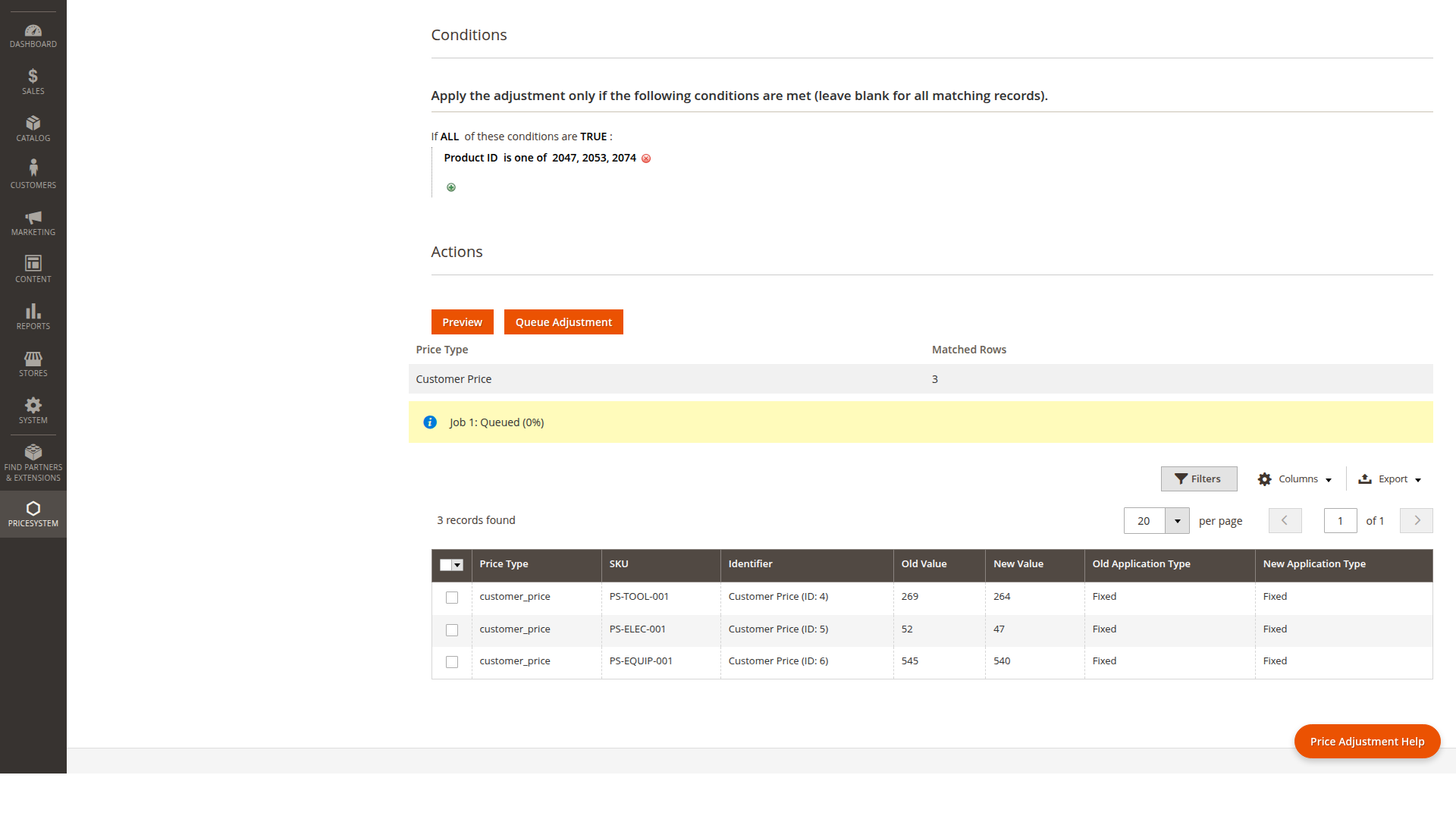 Queued Price Adjustment job and matched rows