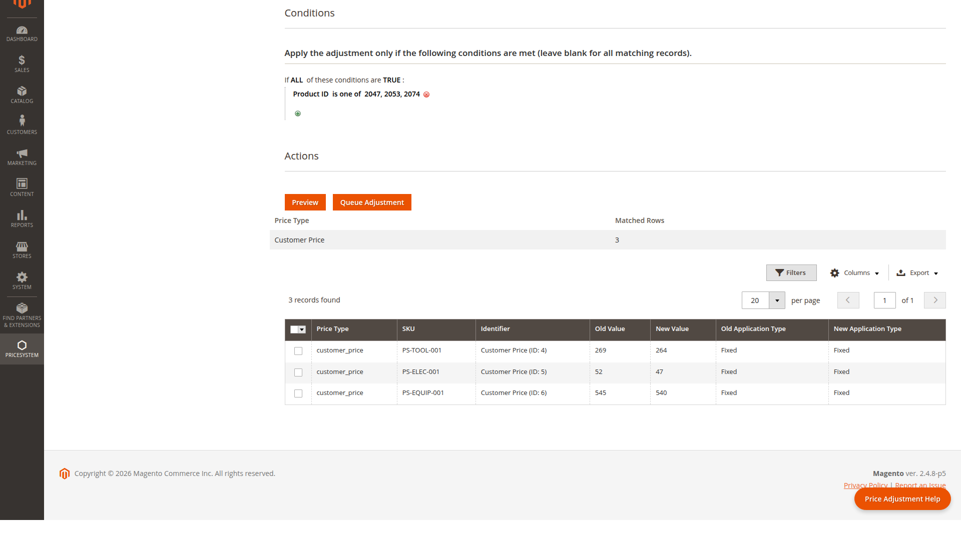 Price Adjustment preview with old and new values