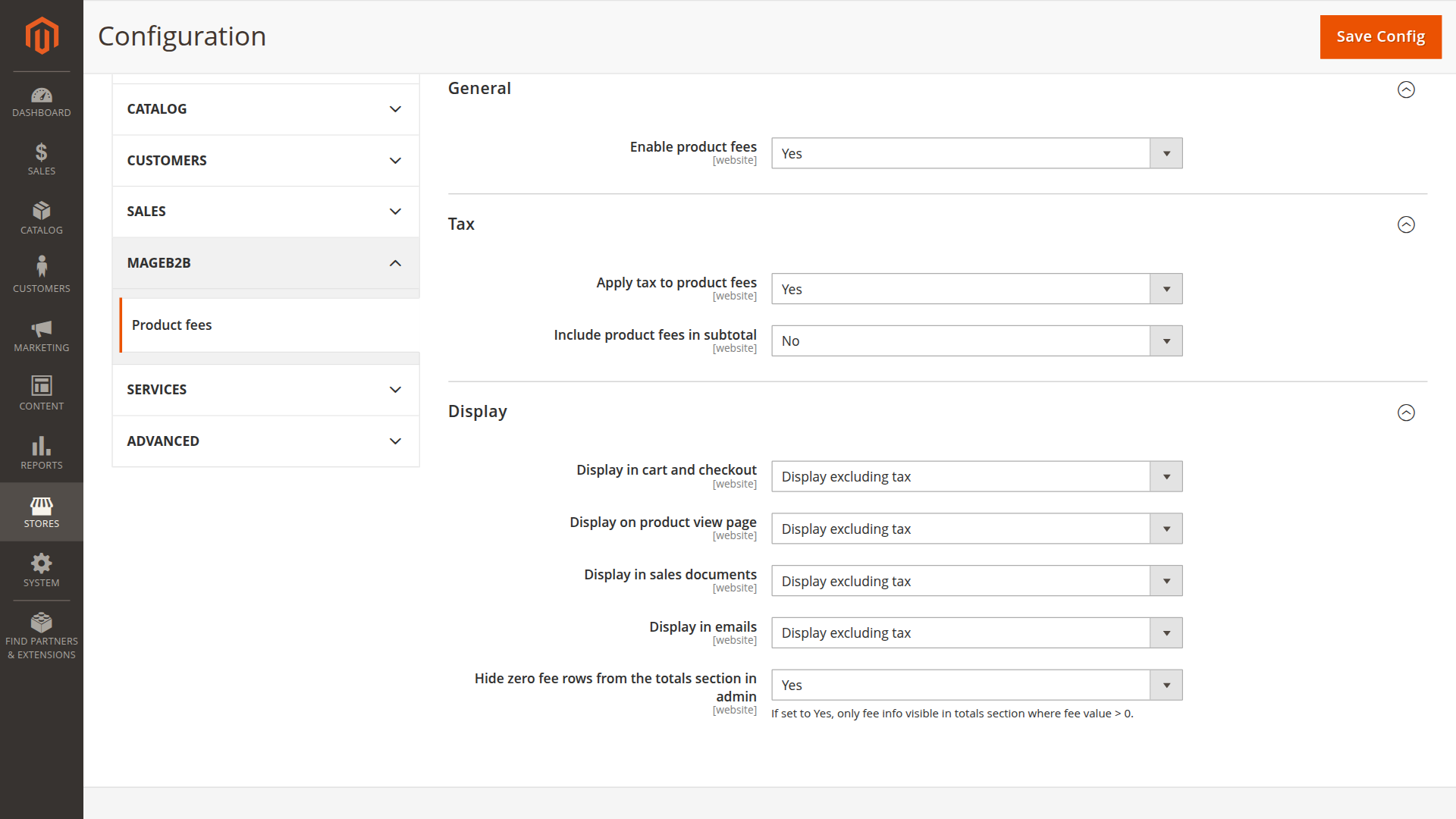 Product Fees configuration in Magento Admin with tax and display settings