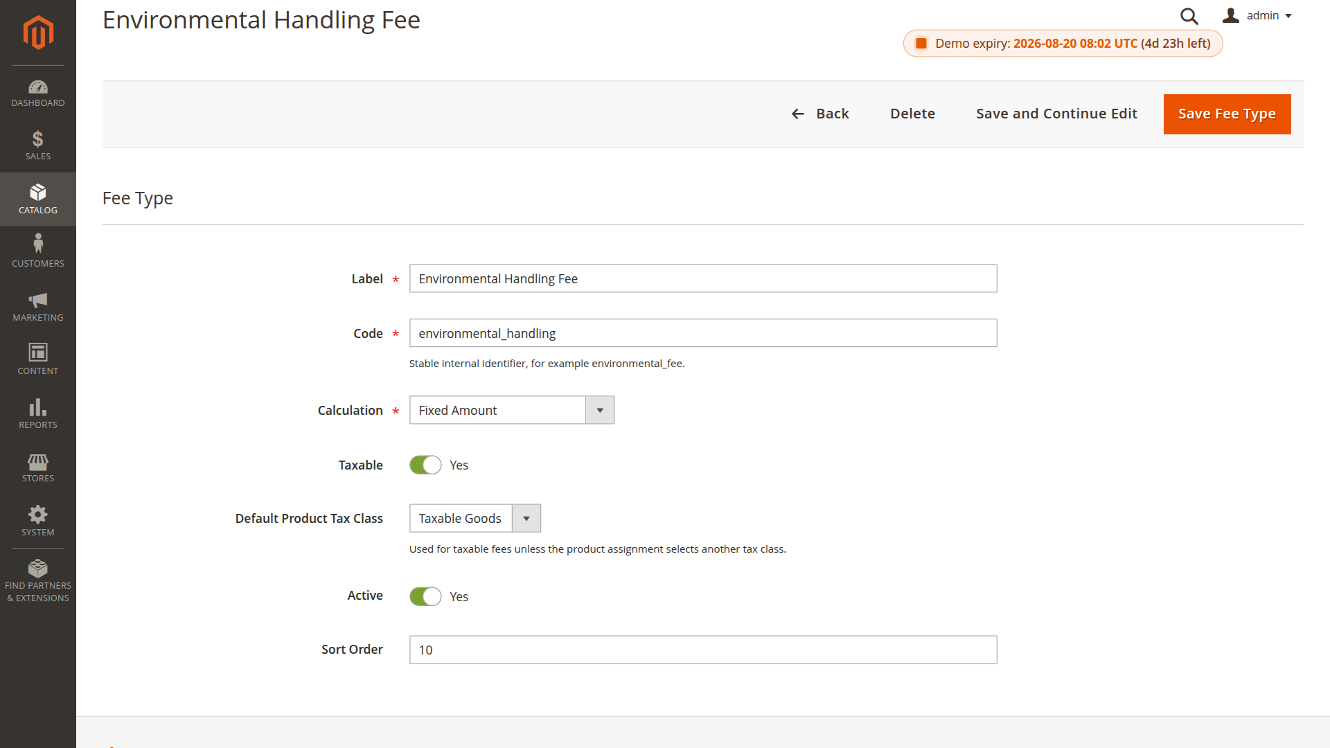 Environmental Handling Fee form with calculation and tax settings