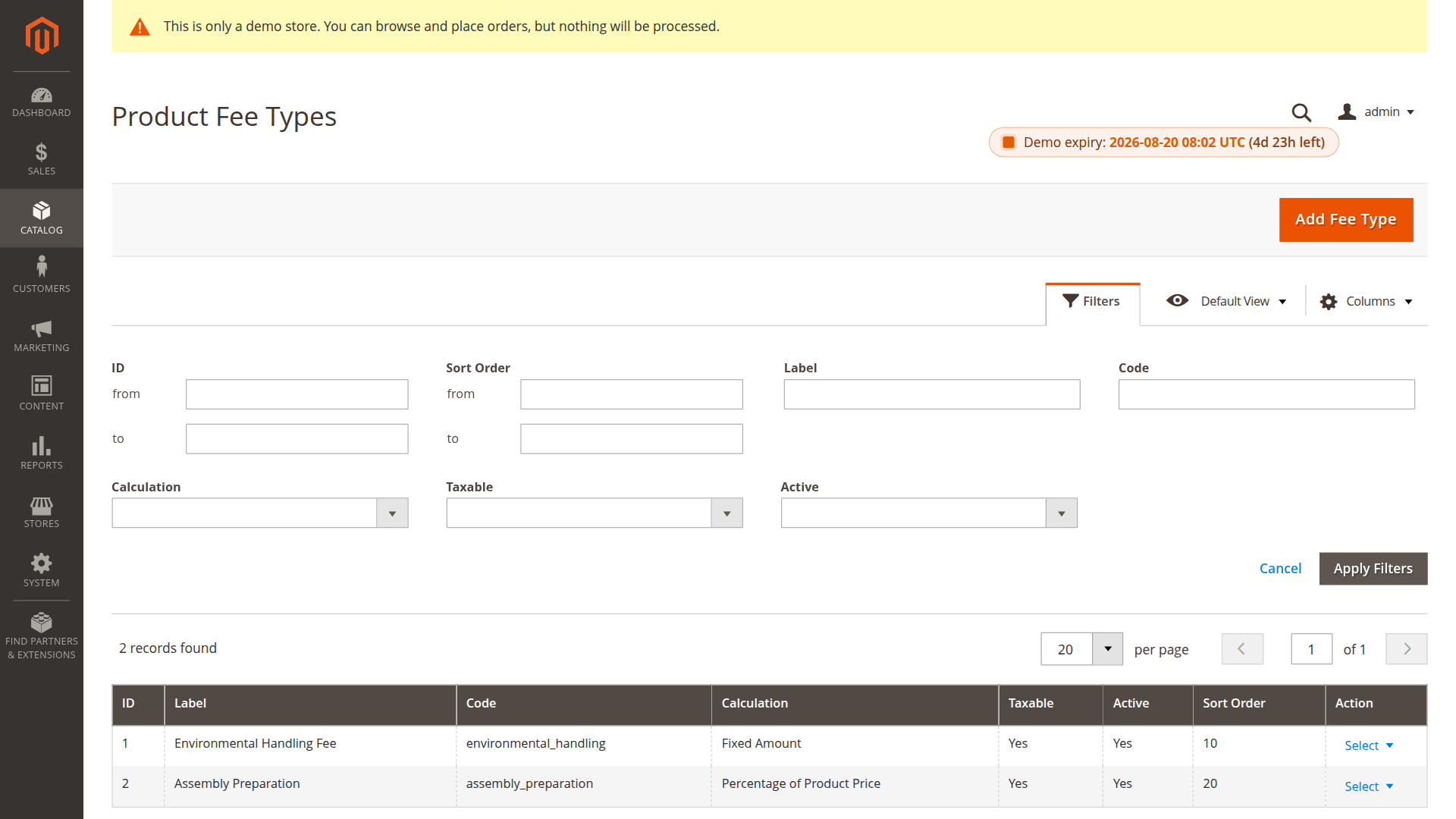 Product Fee Types grid with fixed and percentage fees