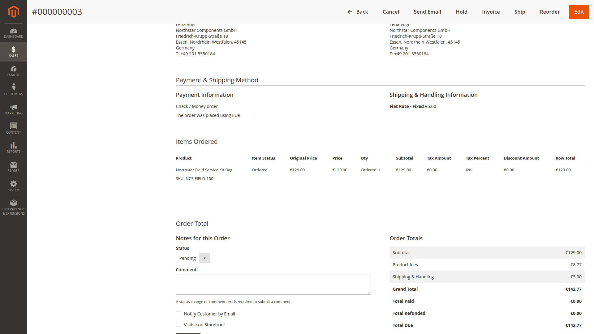 Magento Admin order with persisted Product fees total
