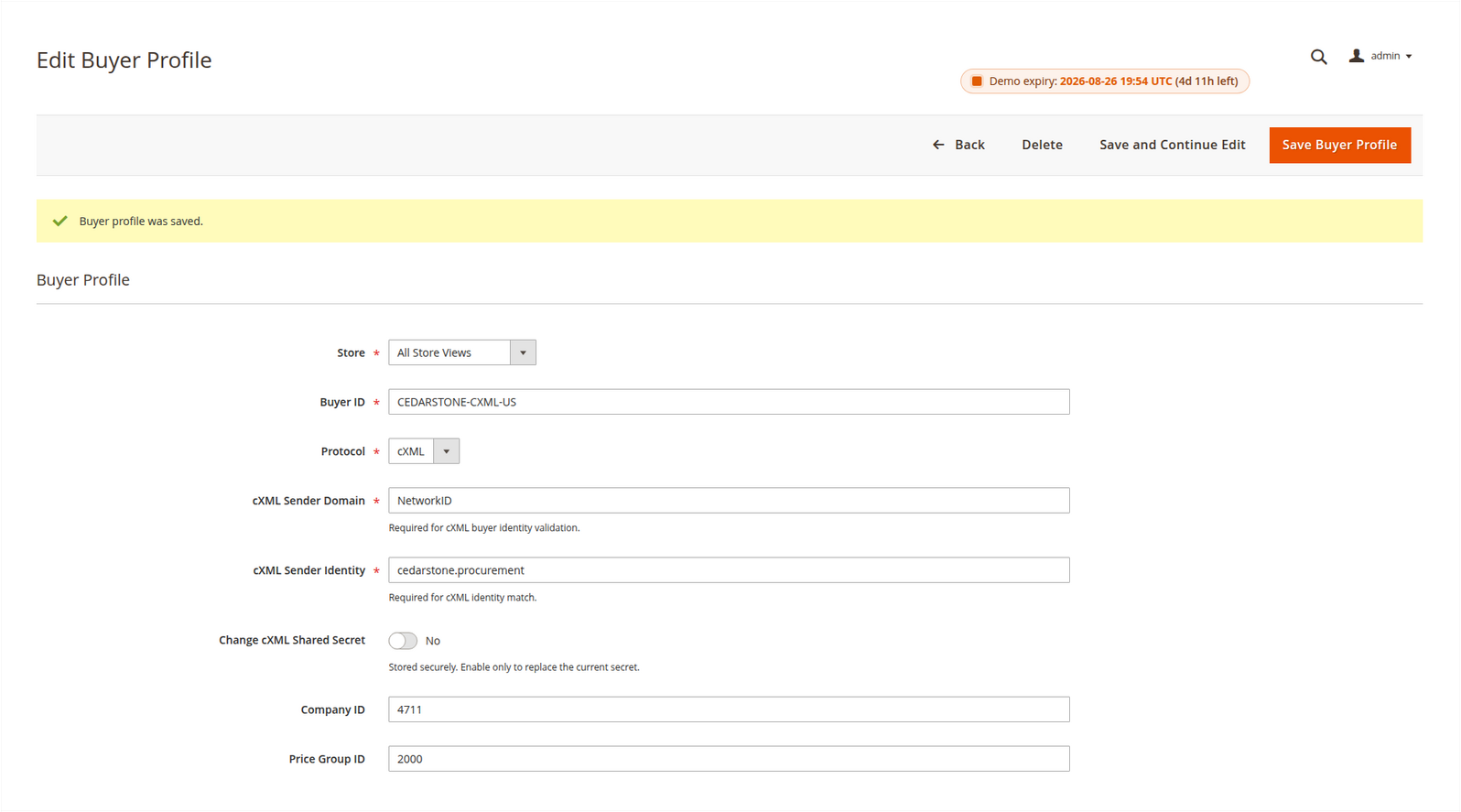 Cedarstone cXML buyer profile with sender domain, sender identity and the protected shared-secret replacement control