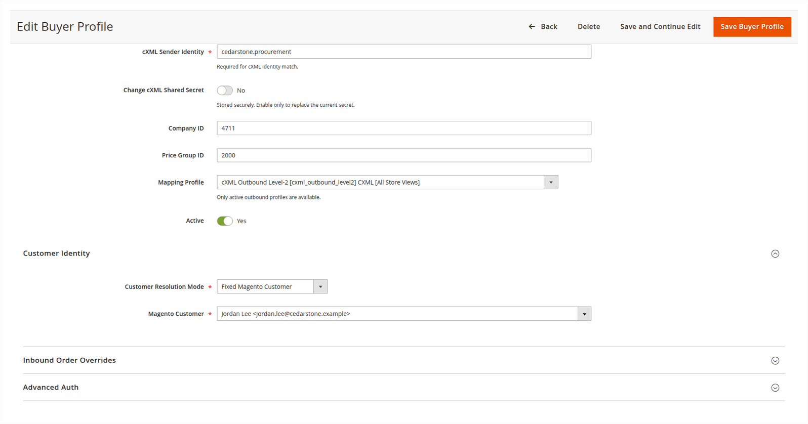 Lower cXML buyer-profile form with active mapping assignment and the fixed Jordan Lee Magento customer