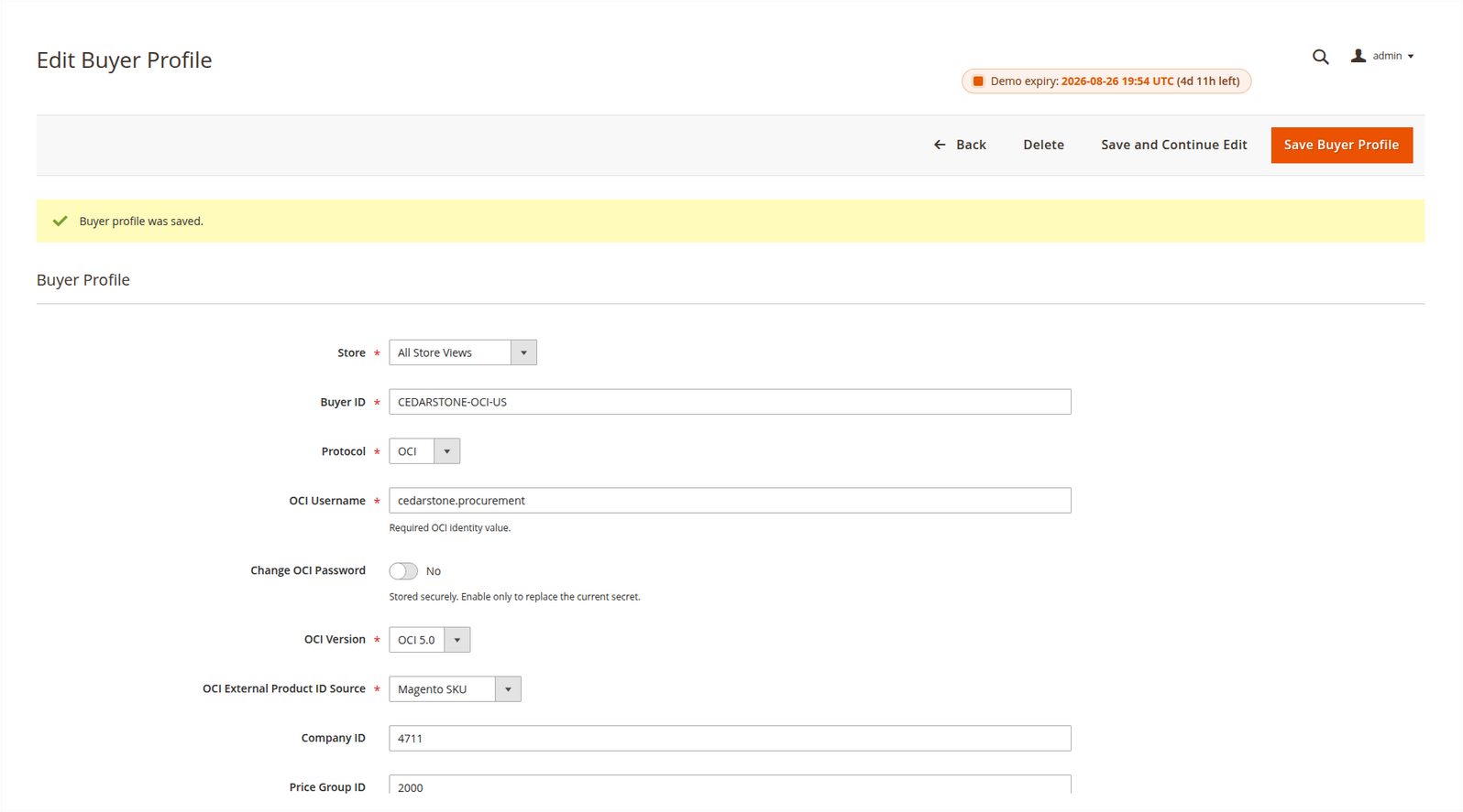Cedarstone OCI buyer profile with username, protected password control, OCI version and external product-ID source