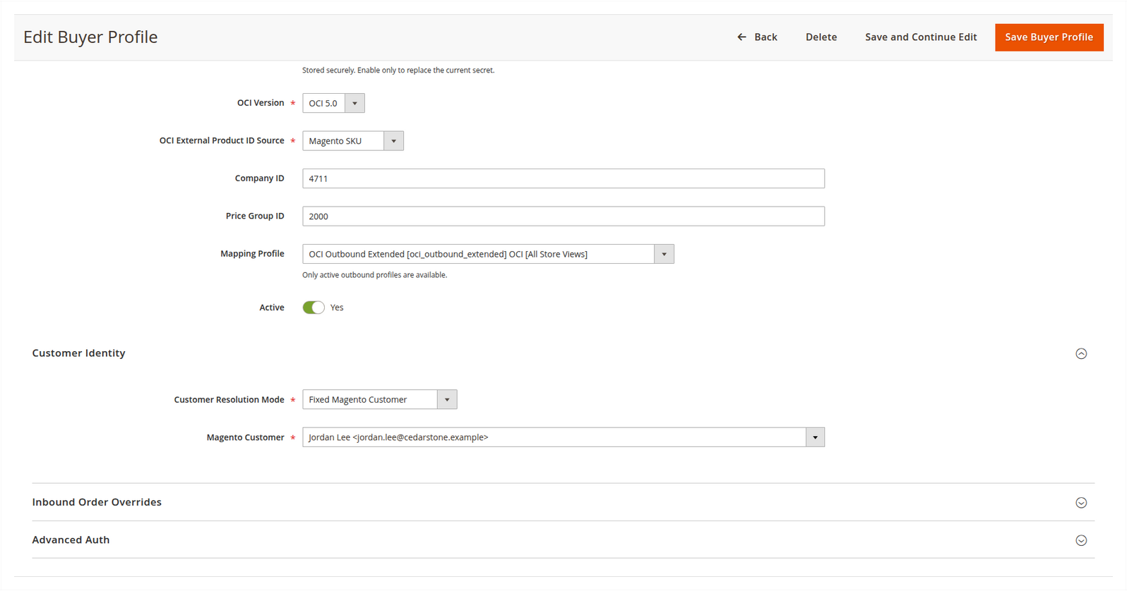 Lower OCI buyer-profile form with OCI version, mapping assignment and the fixed Jordan Lee Magento customer