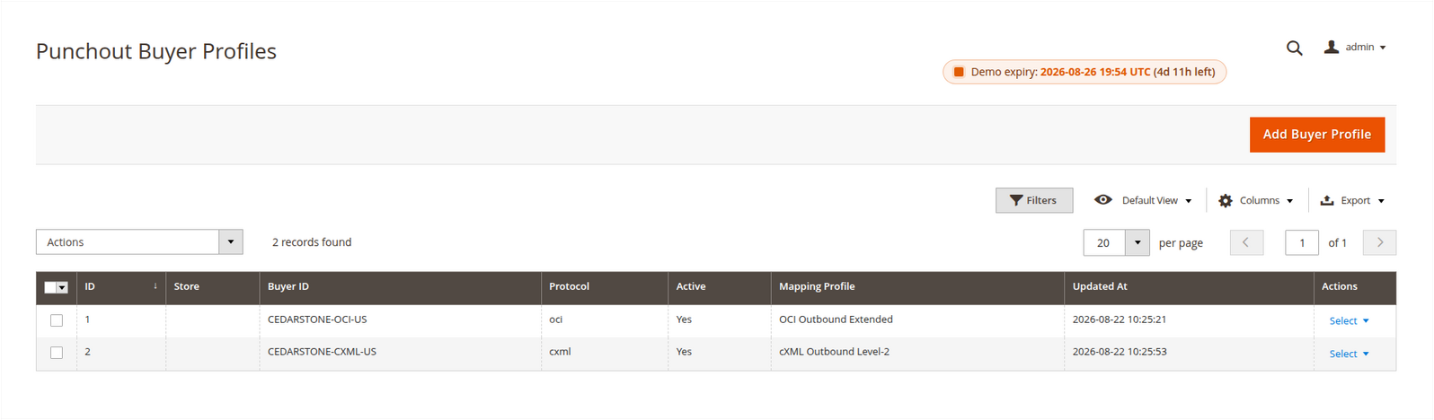 Magento Admin buyer grid with active Cedarstone OCI and cXML PunchOut profiles and their assigned outbound mappings