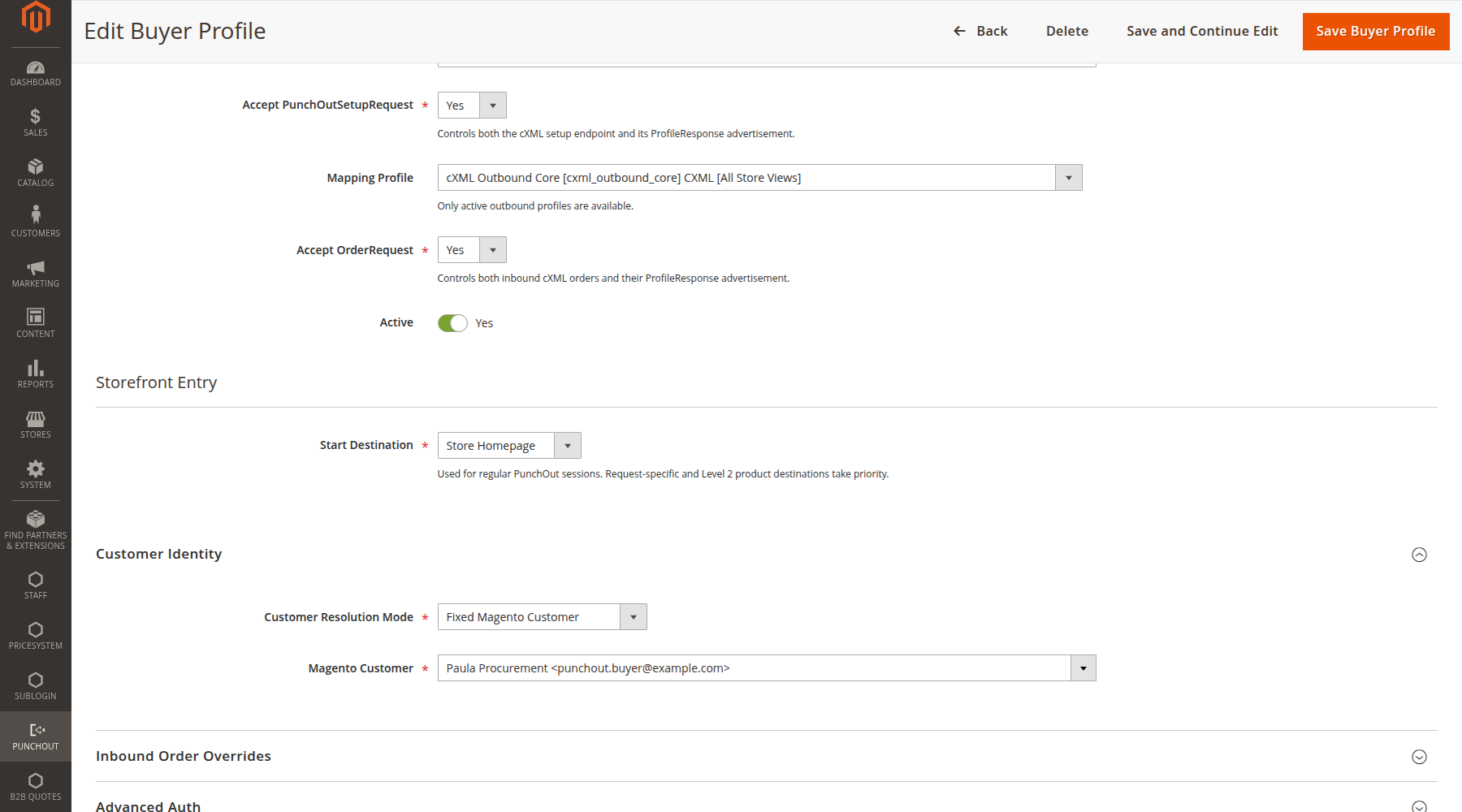 Buyer Profile with cXML capability controls and Store Homepage selected as the storefront entry