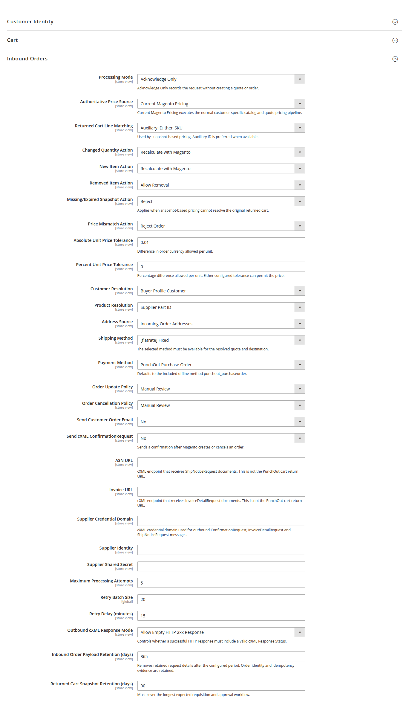 Magento Admin configuration for creating inbound PunchOut orders with hybrid price authority