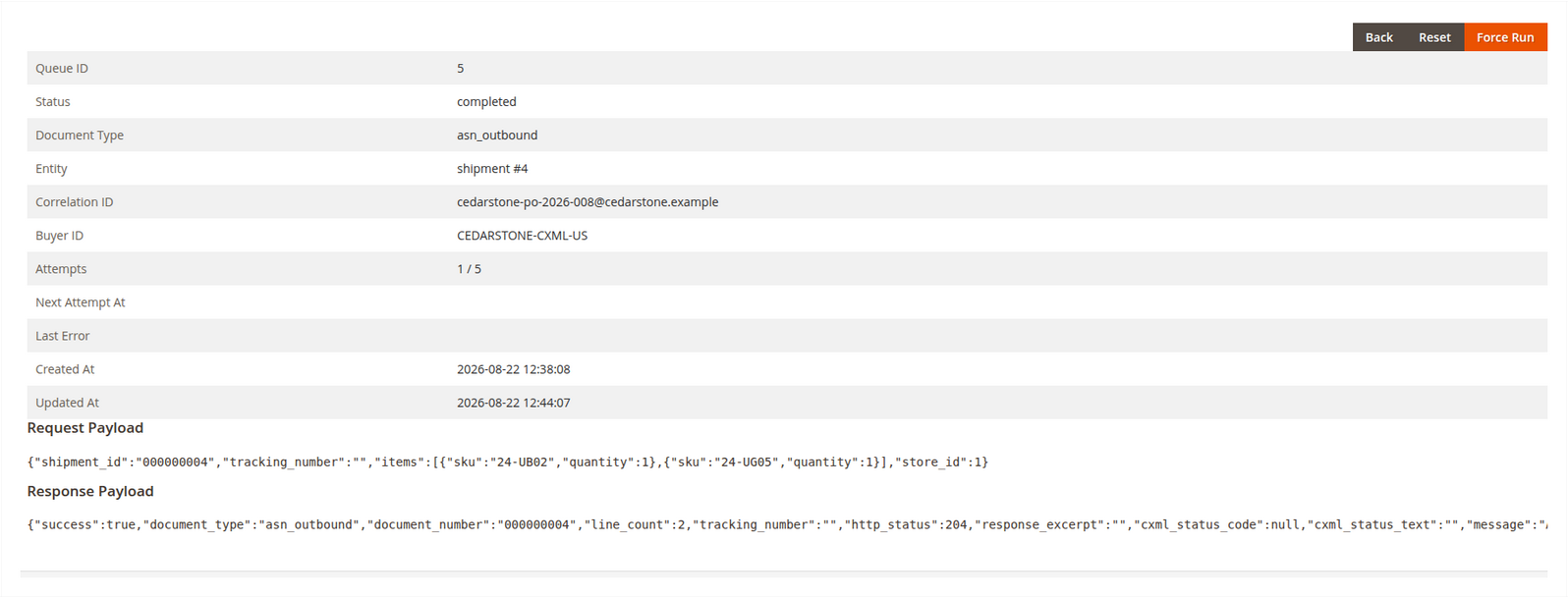 Completed Cedarstone ship-notice queue detail for shipment 4 with both product quantities and HTTP 204 delivery result