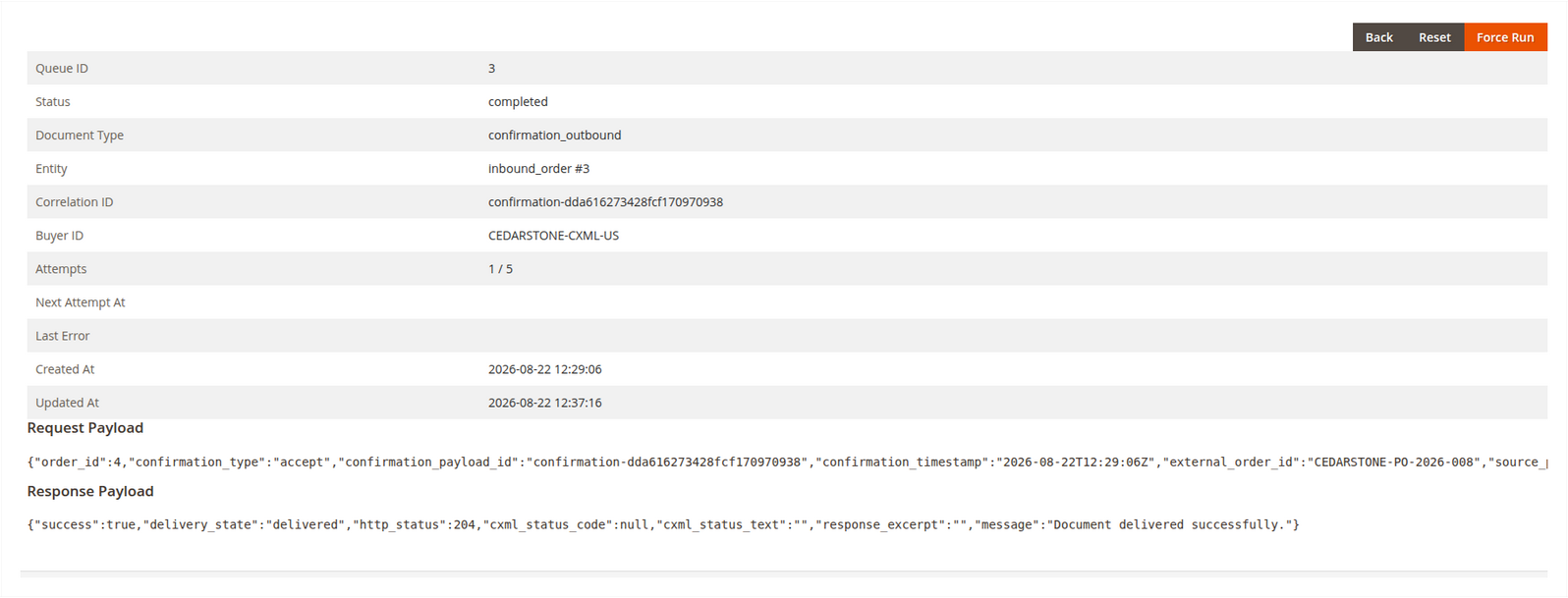 Completed Cedarstone confirmation queue detail for inbound order 3 with one attempt and HTTP 204 delivery result