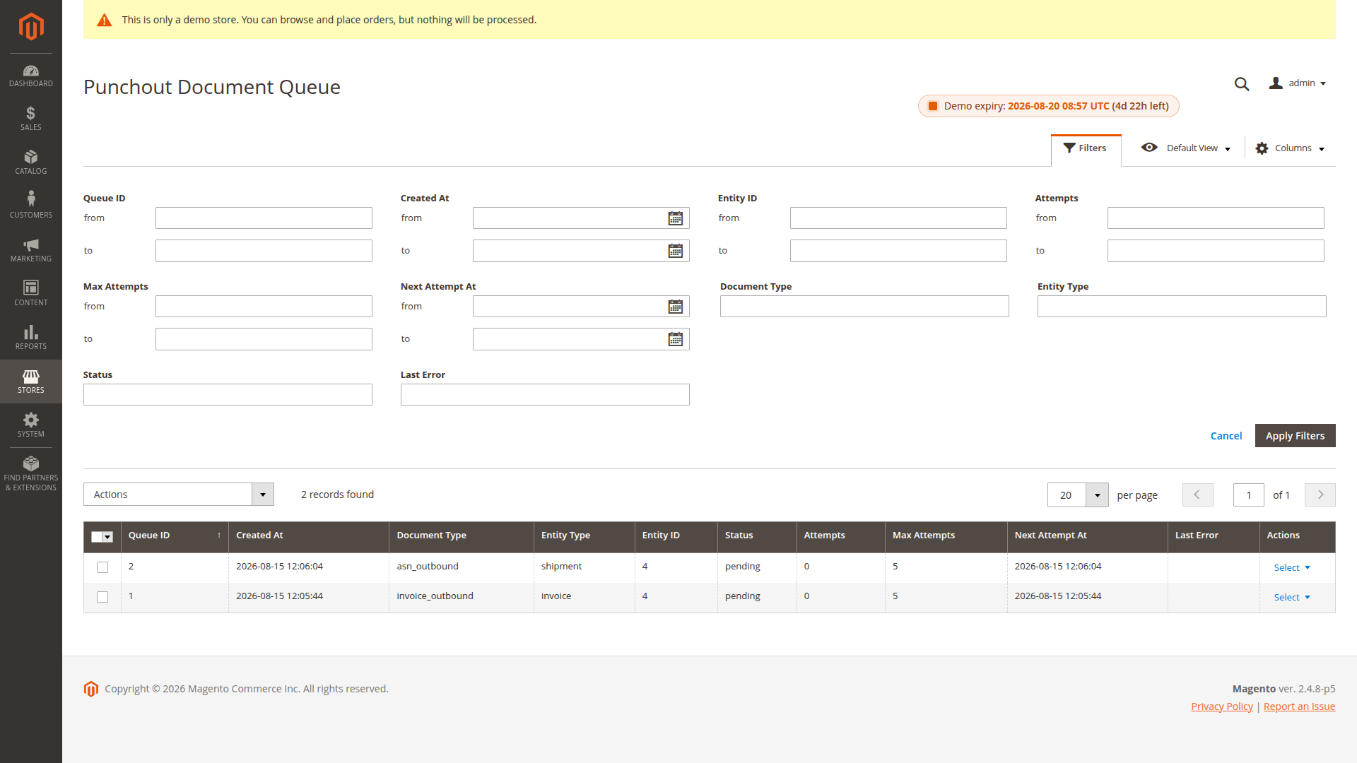 PunchOut document queue grid with outbound document rows, delivery states and per-row actions