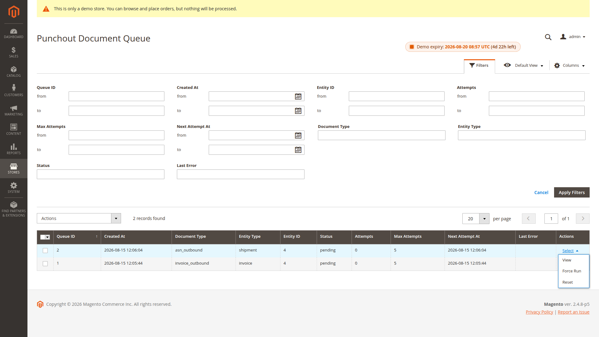 PunchOut queue row with retry and reset controls that let an administrator reschedule a document deliberately