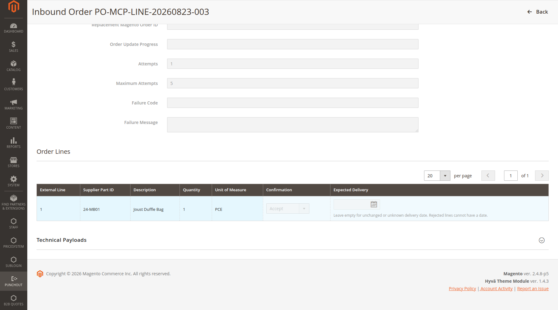 Submitted inbound-order line confirmation with supplier part ID, quantity, unit of measure, decision and expected-delivery field