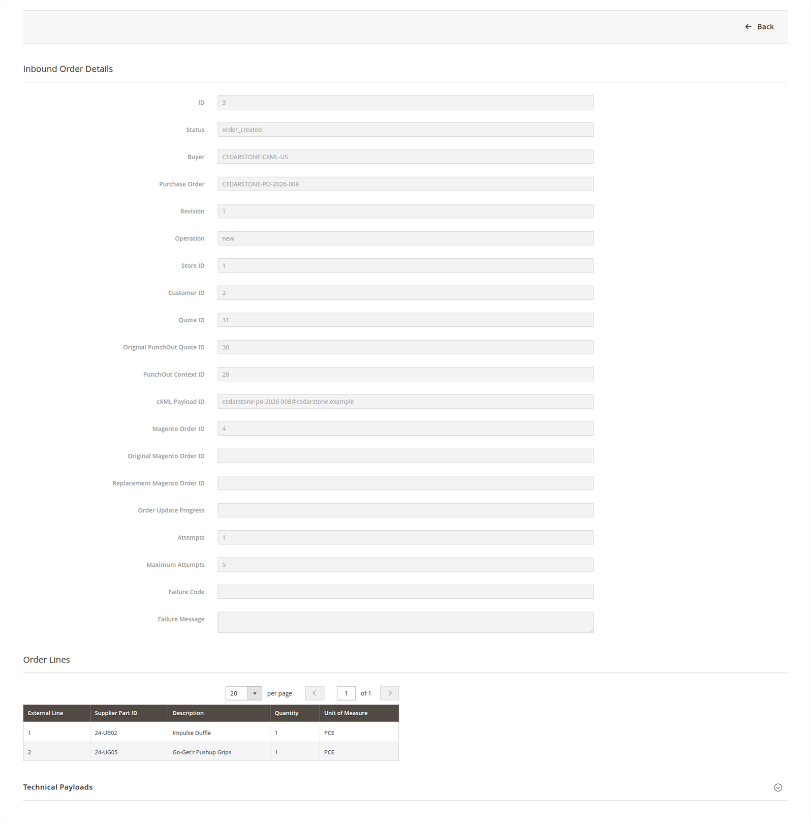 Inbound order detail for Cedarstone purchase order CEDARSTONE-PO-2026-008 with customer, quote, context, Magento order and two order lines