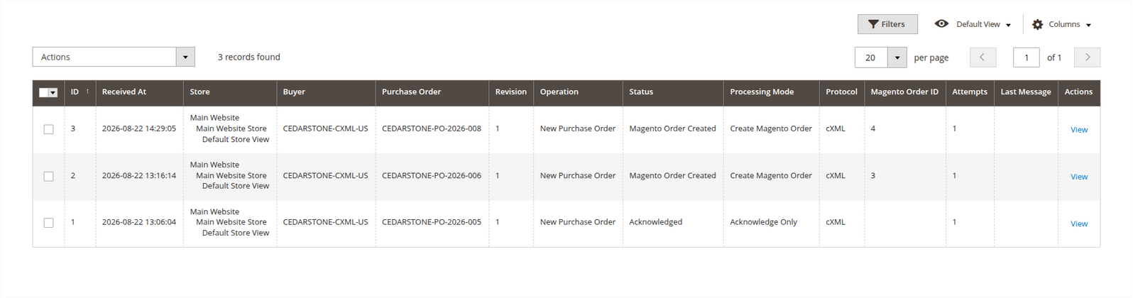 Magento Admin inbound-order grid showing Cedarstone cXML purchase orders in acknowledged and Magento-order-created states, including purchase order CEDARSTONE-PO-2026-008 linked to Magento order 4