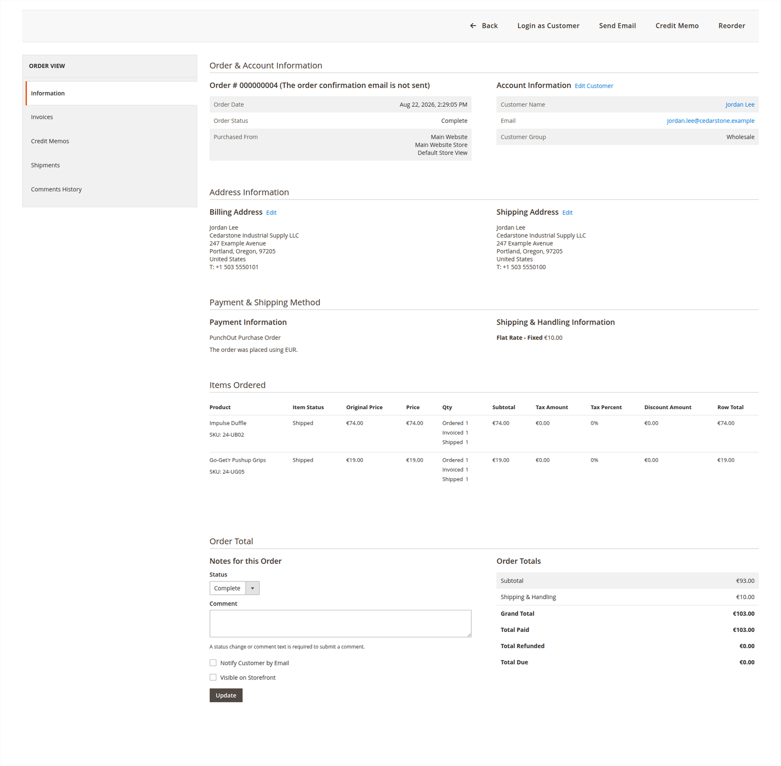 Completed Magento order 000000004 for Jordan Lee at Cedarstone with PunchOut purchase-order payment, two invoiced and shipped products, and order totals