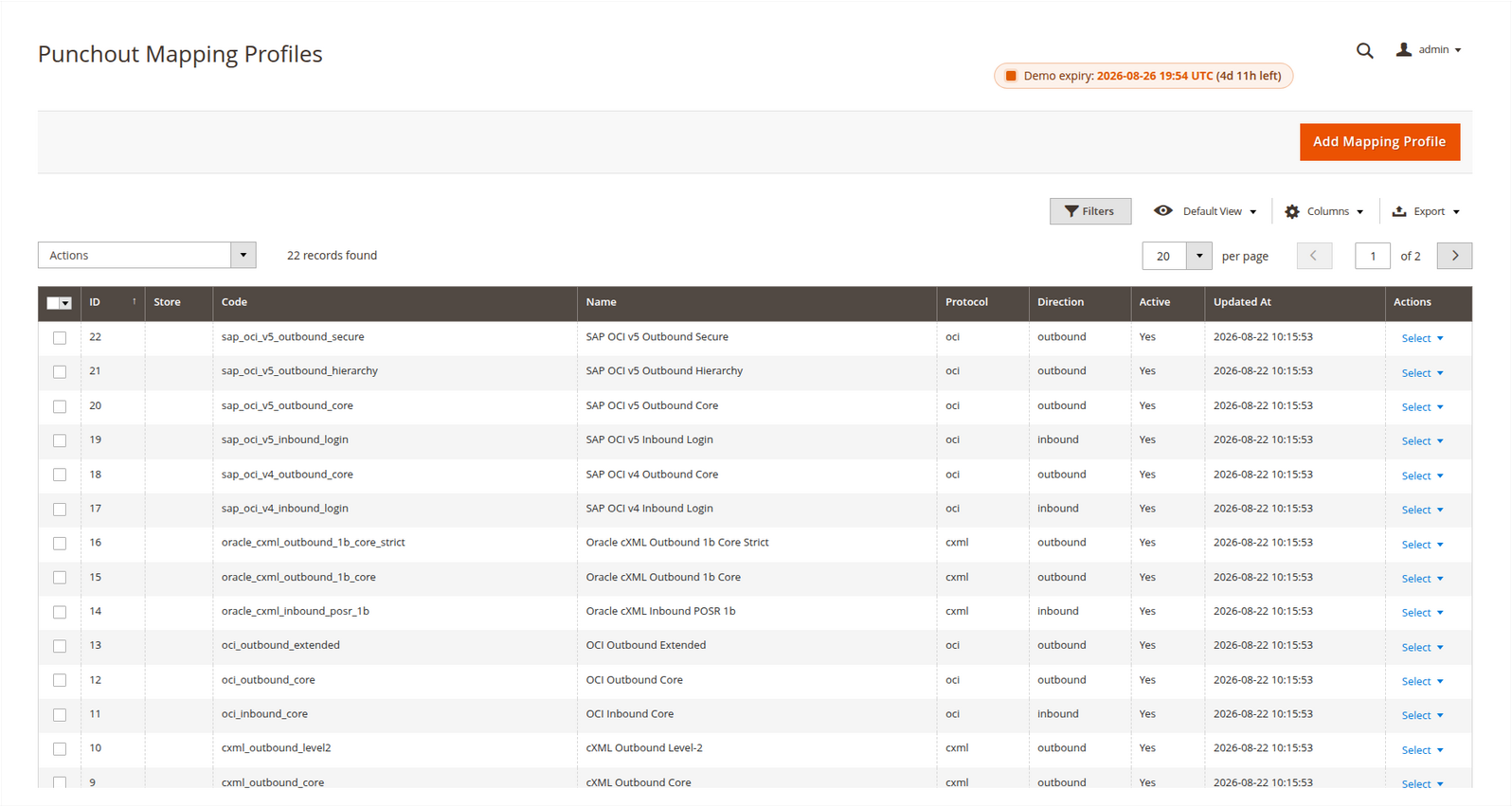 Magento Admin mapping-profile grid with active OCI and cXML templates, directions and Store scopes