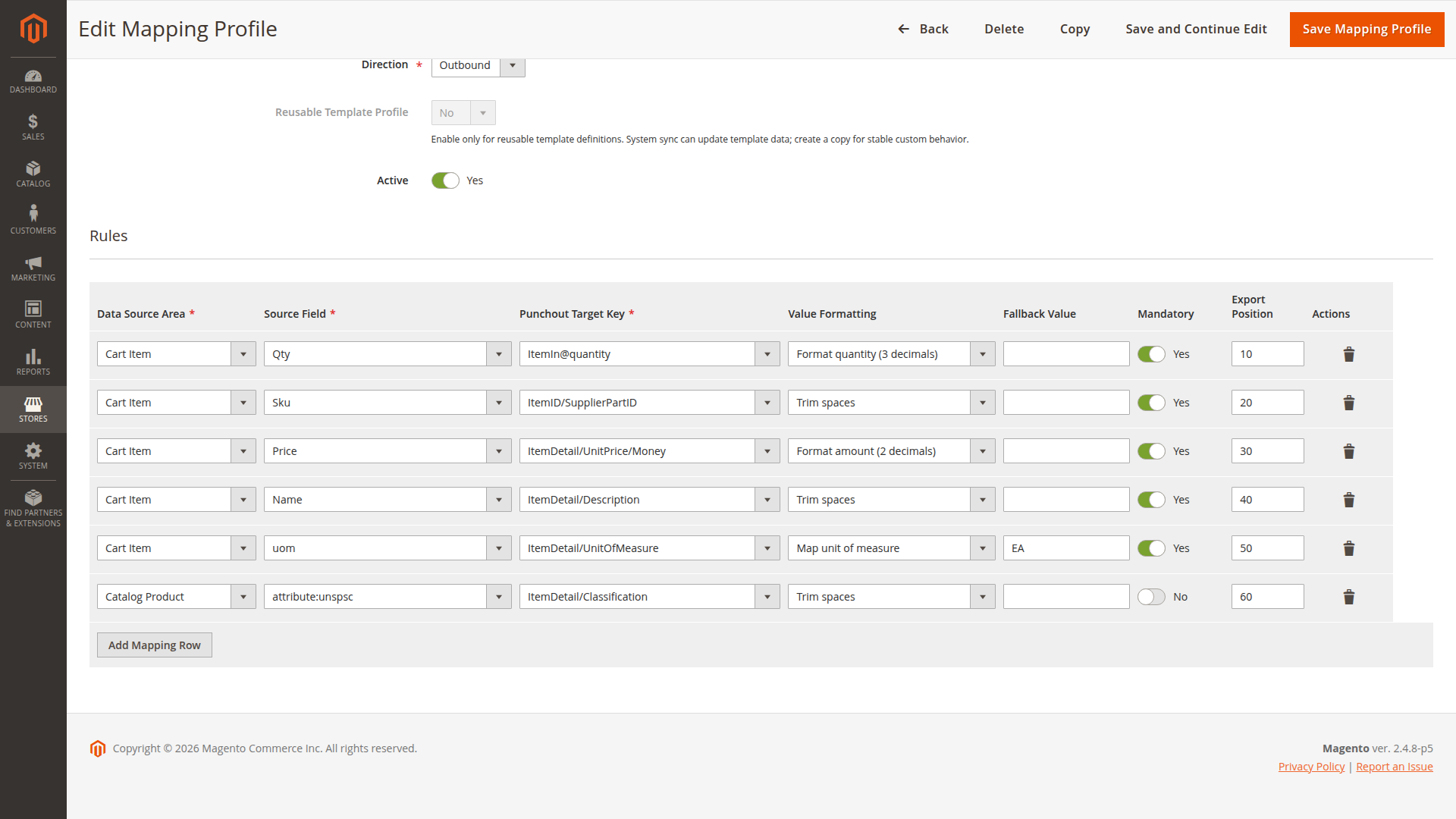 Mapping-profile rule rows with source fields, PunchOut target paths, formatting, fallback and required flags