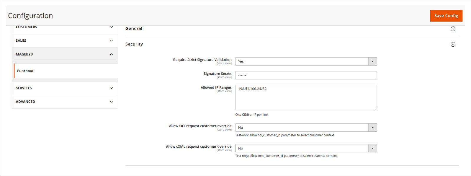 Magento Admin PunchOut security settings with strict signatures enabled, a masked secret, an example CIDR allowlist and customer overrides disabled