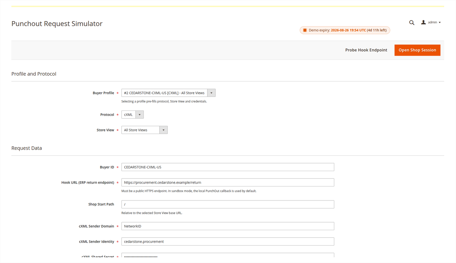 cXML PunchOut simulator overview with the Cedarstone buyer, reserved example return endpoint and sender identity
