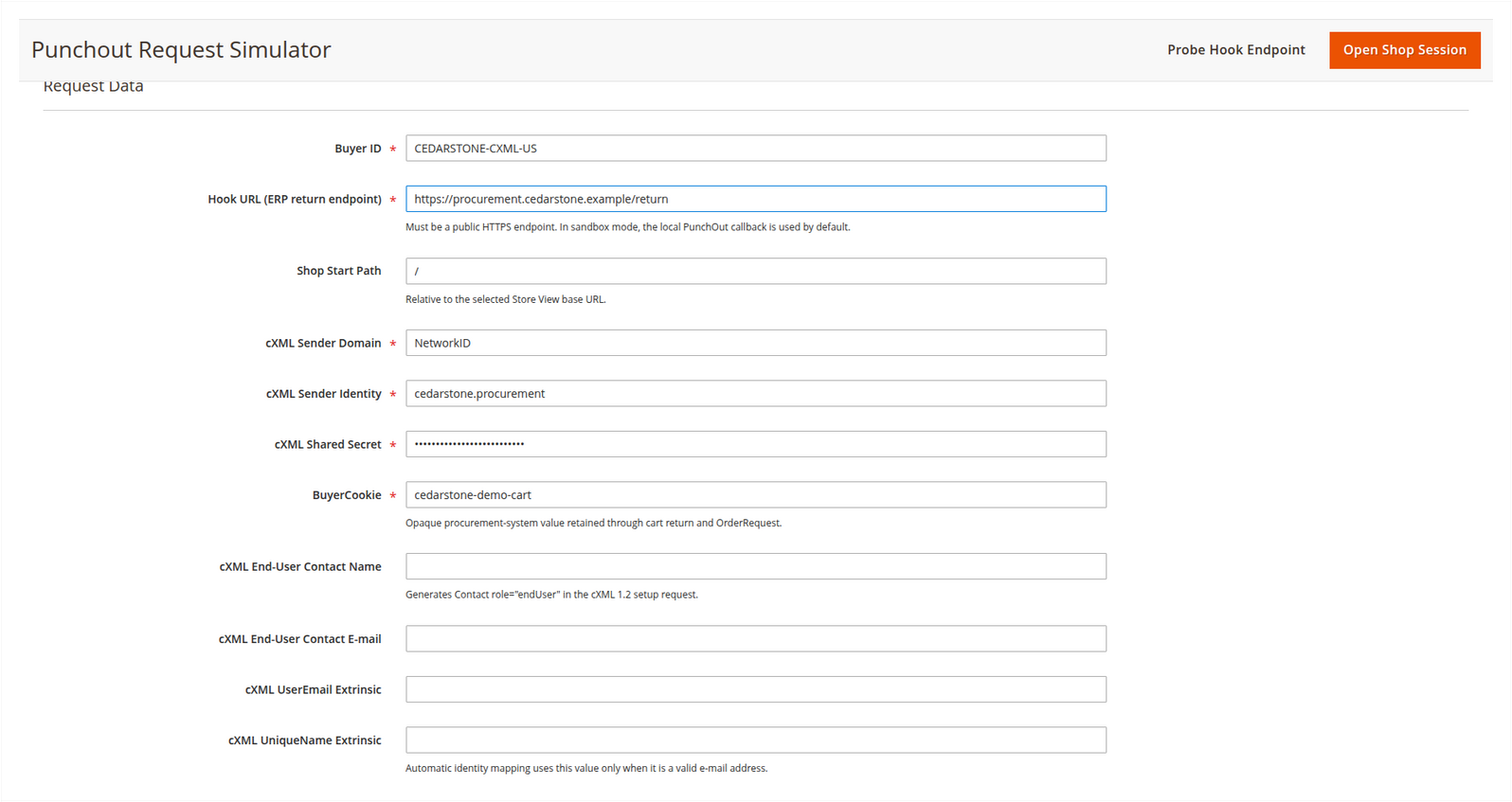 cXML simulator request fields with the Cedarstone identity, masked shared secret and fictional BuyerCookie