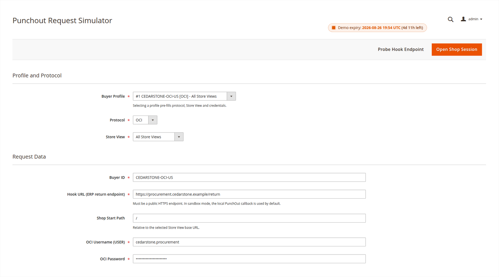 OCI PunchOut simulator overview with the Cedarstone buyer, reserved example return endpoint and masked password