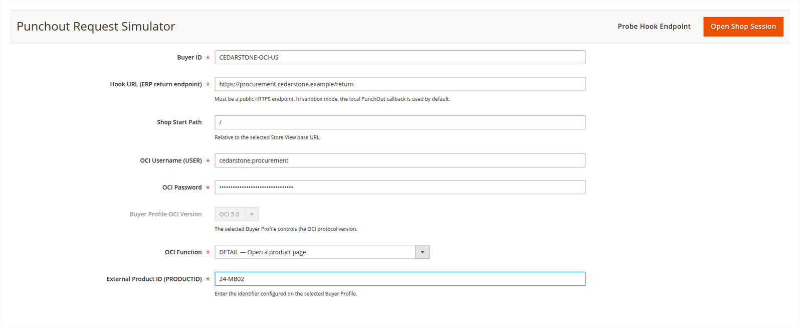 OCI simulator DETAIL request with OCI 5.0, masked password and a sample external product identifier