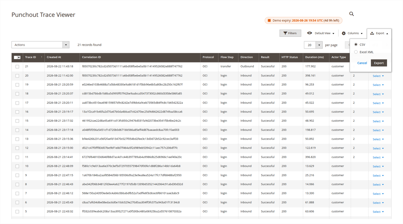 PunchOut trace grid with successful OCI rows and the CSV and Excel XML export menu open