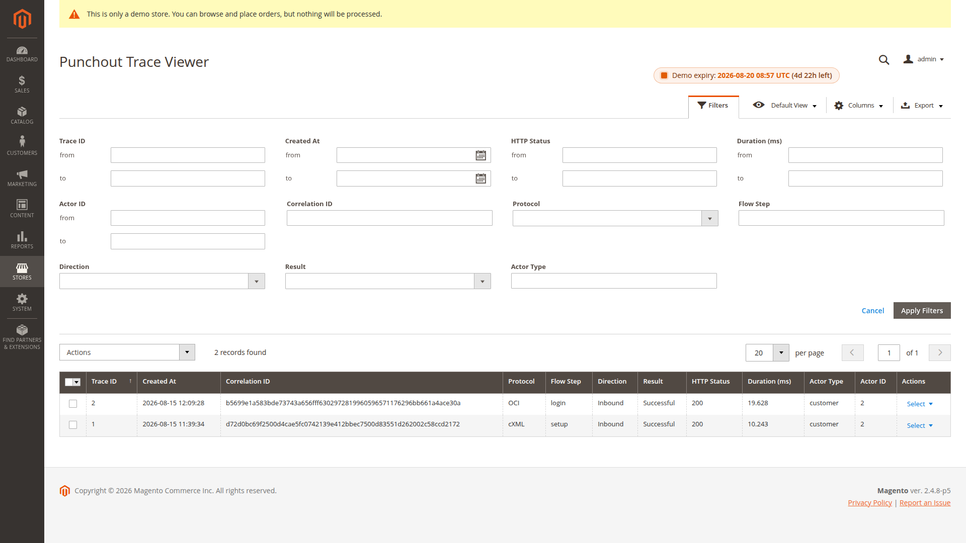 PunchOut trace grid with request rows carrying shared correlation IDs, flow steps, protocols and measured durations