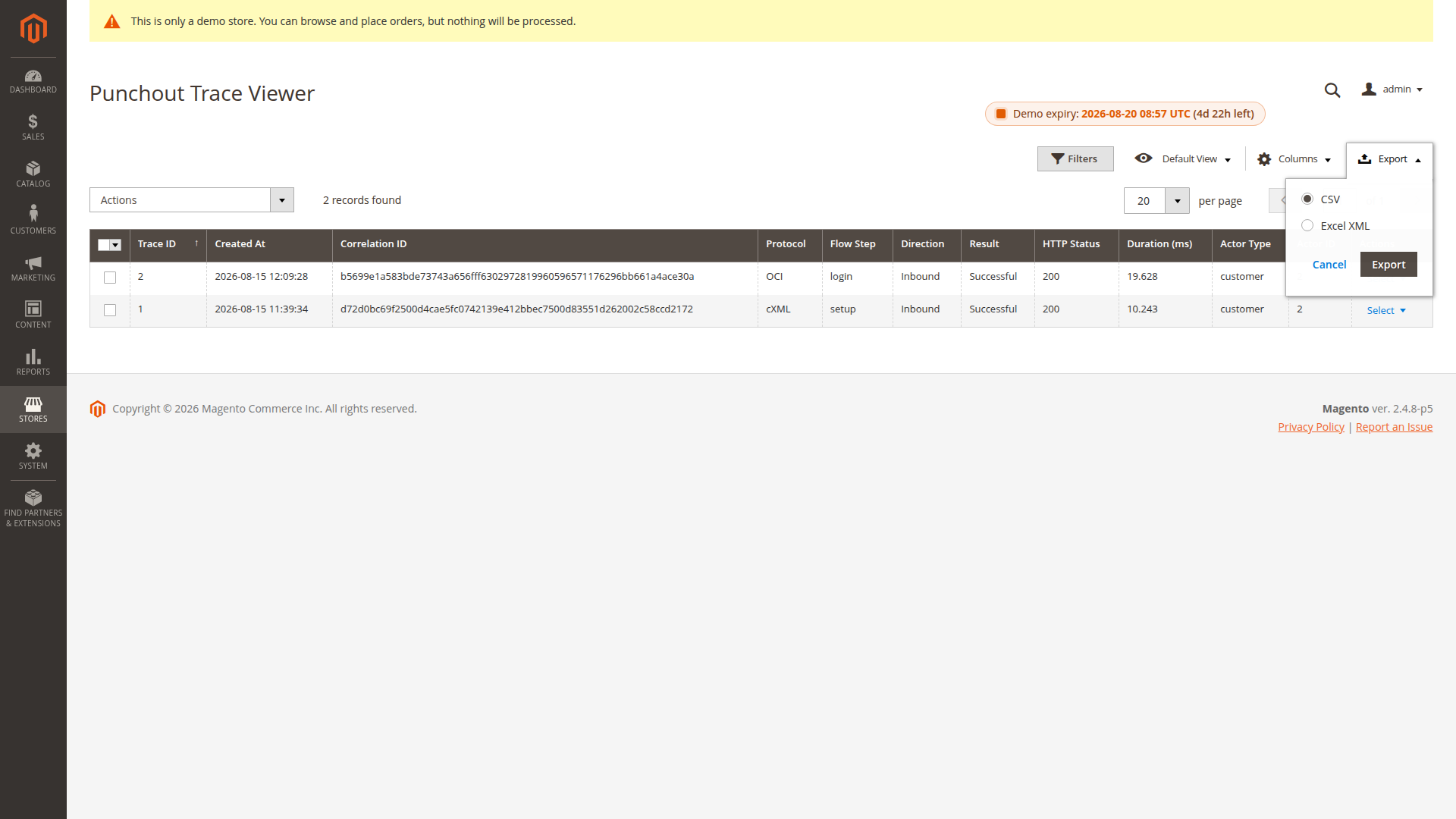 PunchOut trace grid toolbar with the CSV and Excel XML export controls for selected trace rows
