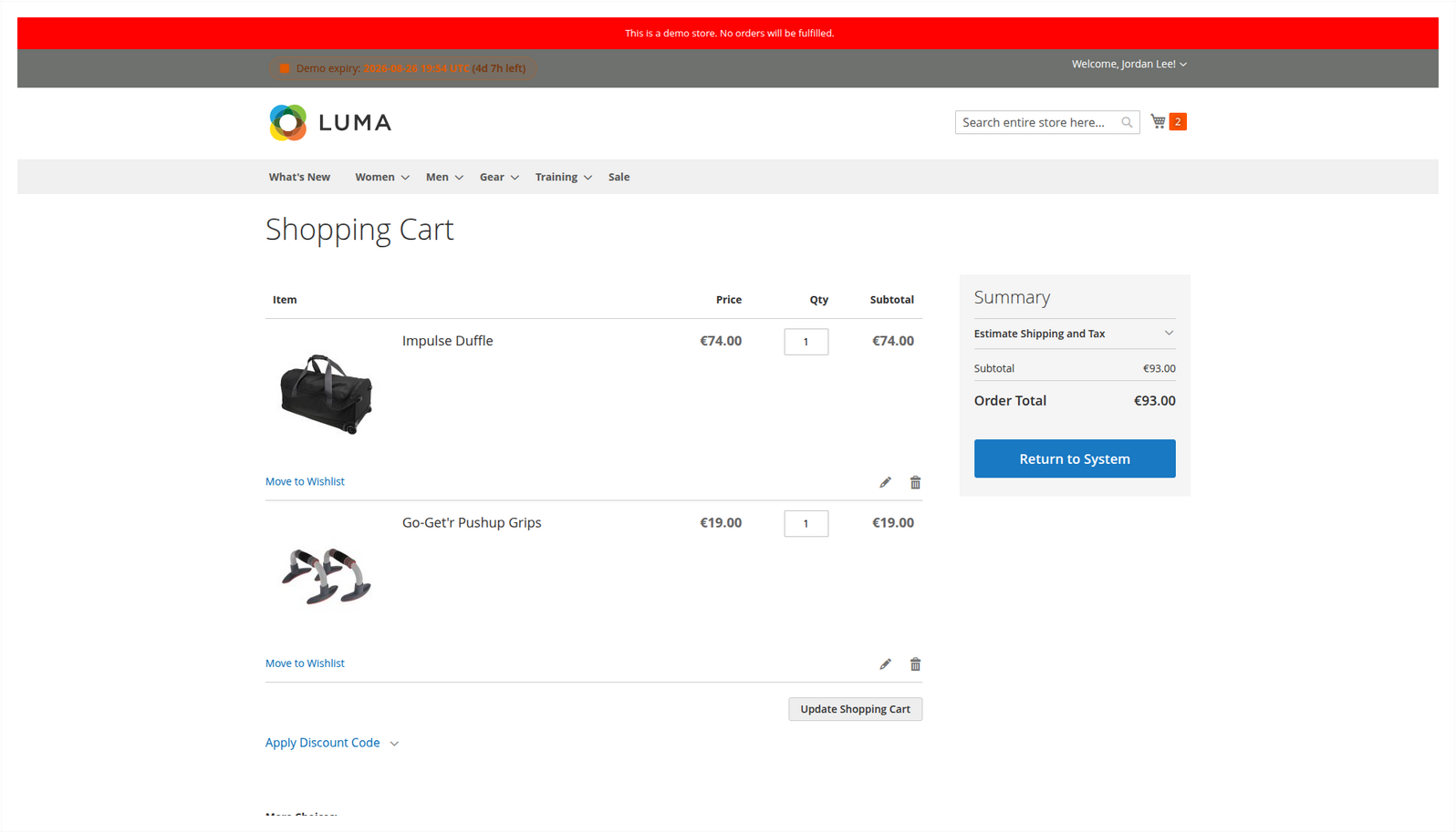 cXML CREATE cart ready to return to the procurement system Authenticated cXML PunchOut cart for Jordan Lee with two products, totals and the Return to System action