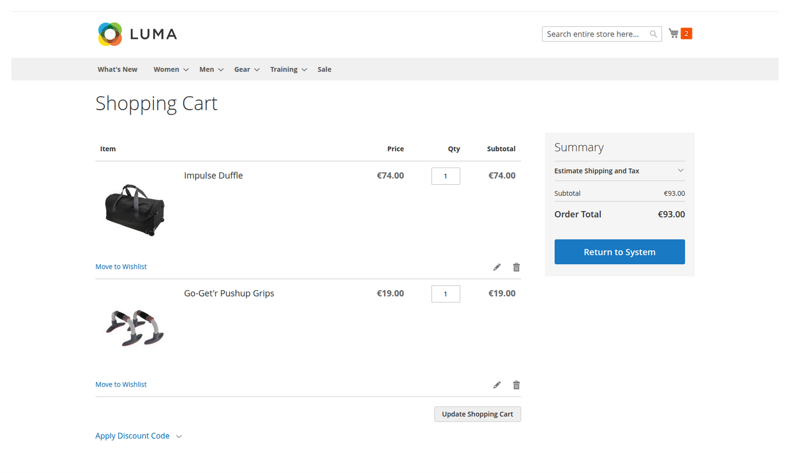 cXML EDIT cart with editable quantities, item actions and Return to System
