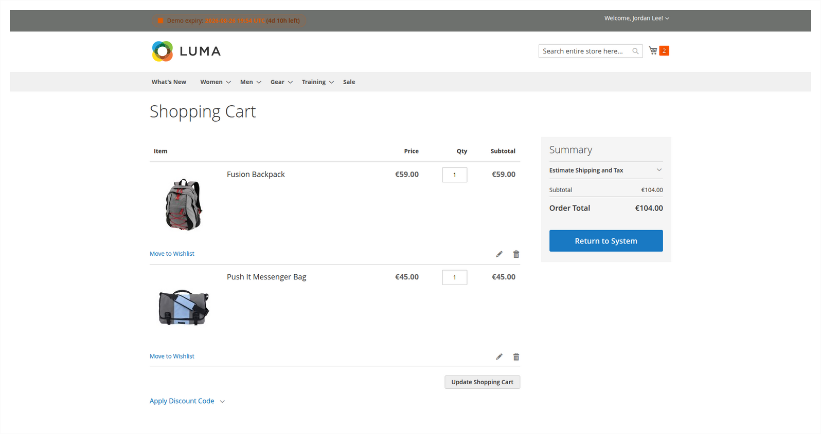 Authenticated OCI PunchOut cart for Jordan Lee with two products, totals and the Return to System action