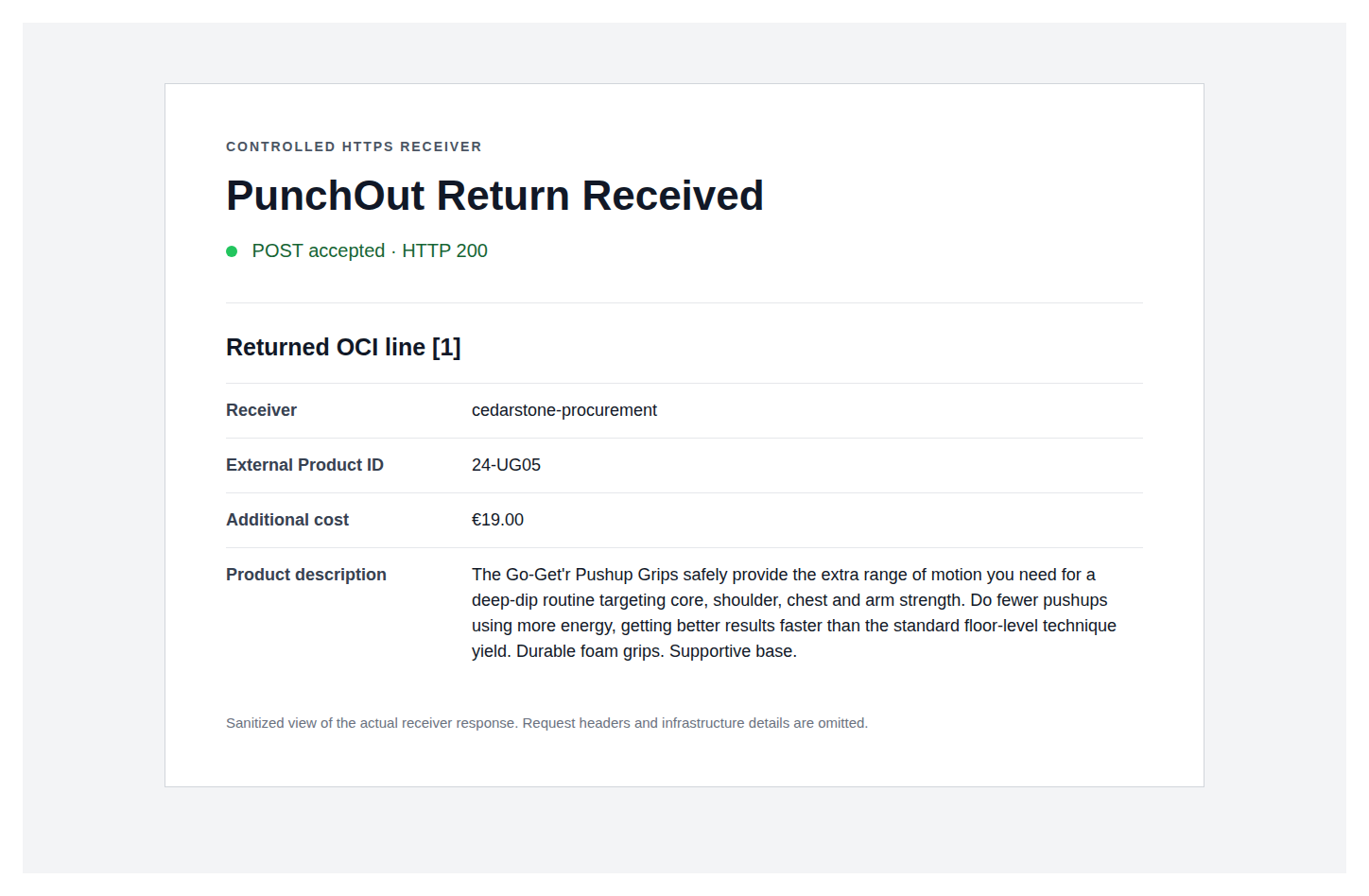 Sanitized HTTP 200 receiver evidence for the one returned OCI product line