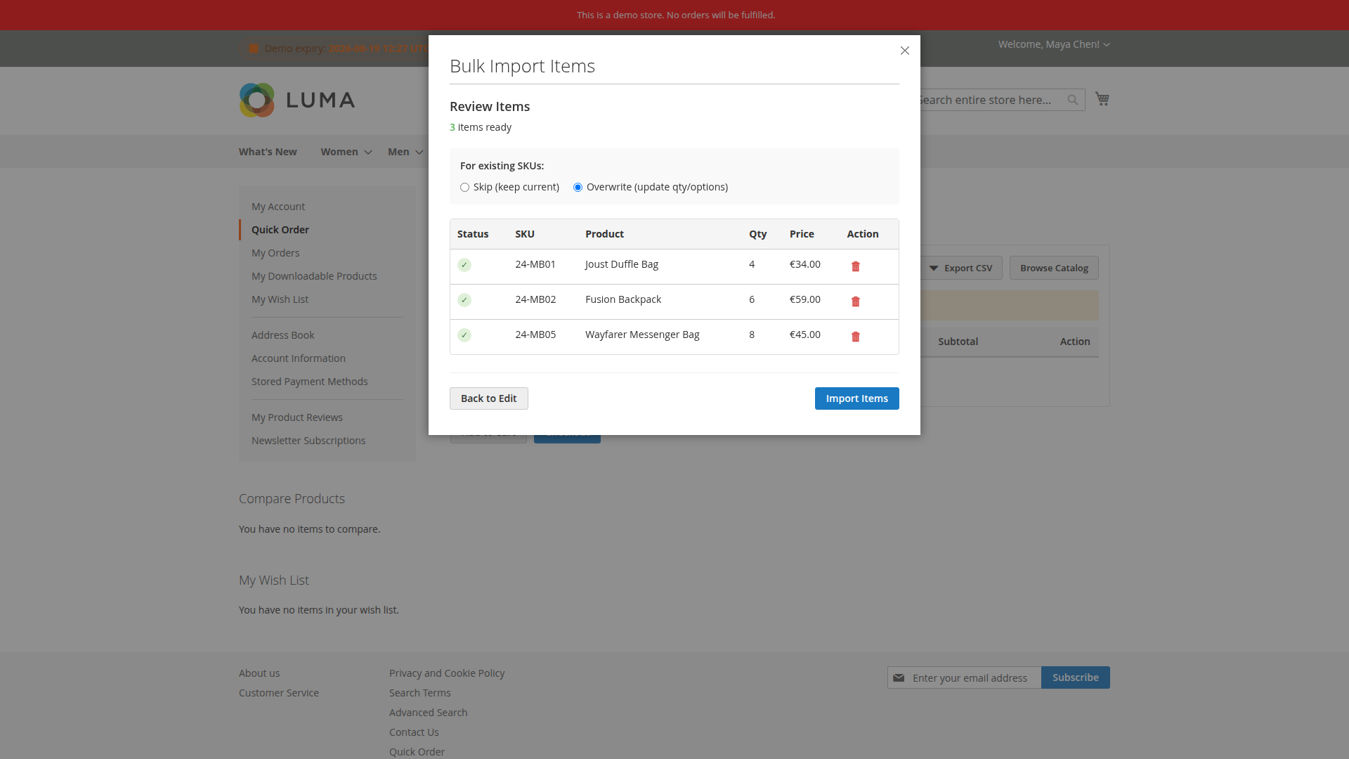 CSV import preview with the overwrite option selected