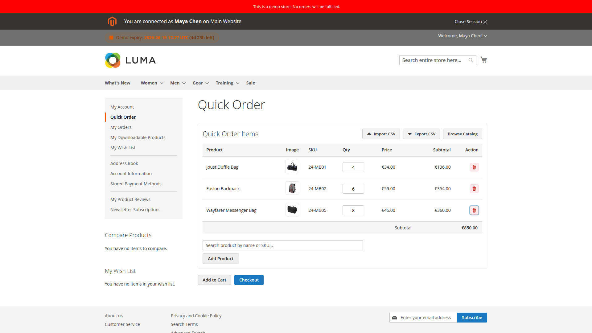 A Quick Order list with three products and quantities