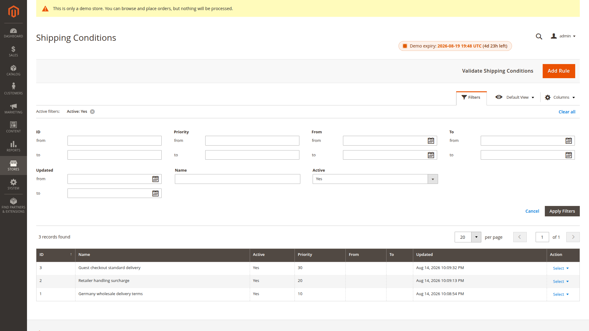 Shipping Conditions rule grid with three active rules in a clear priority order